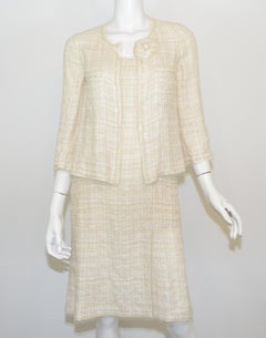 Chanel Ivory Tweed Knit Dress and Jacket Set with Camellia Brooch