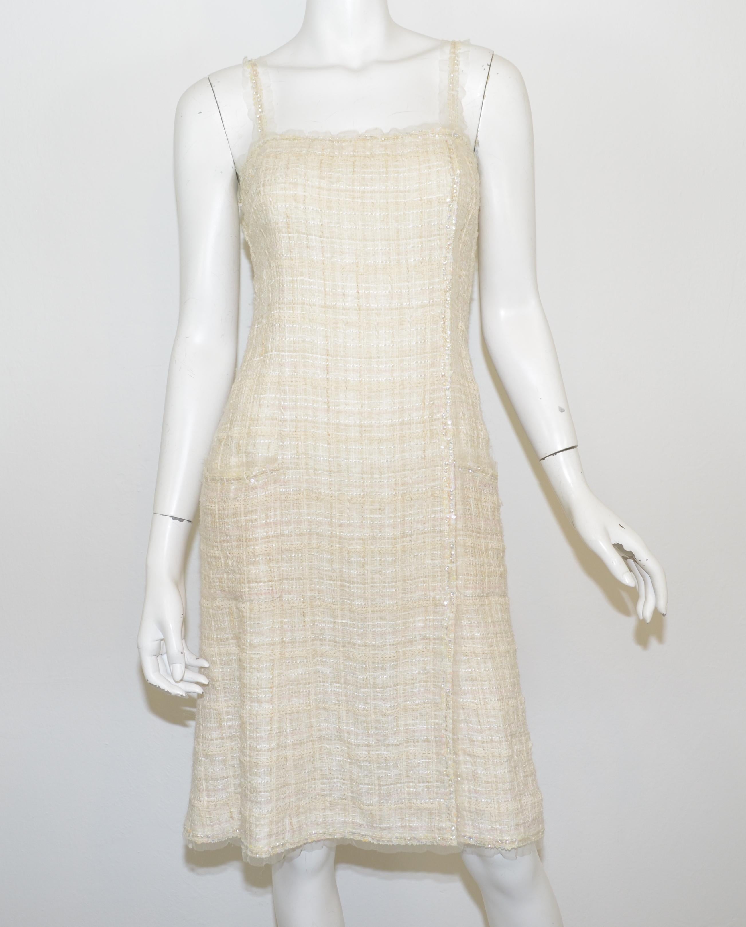 Beige Chanel Ivory Tweed Knit Dress and Jacket Set with Camellia Brooch