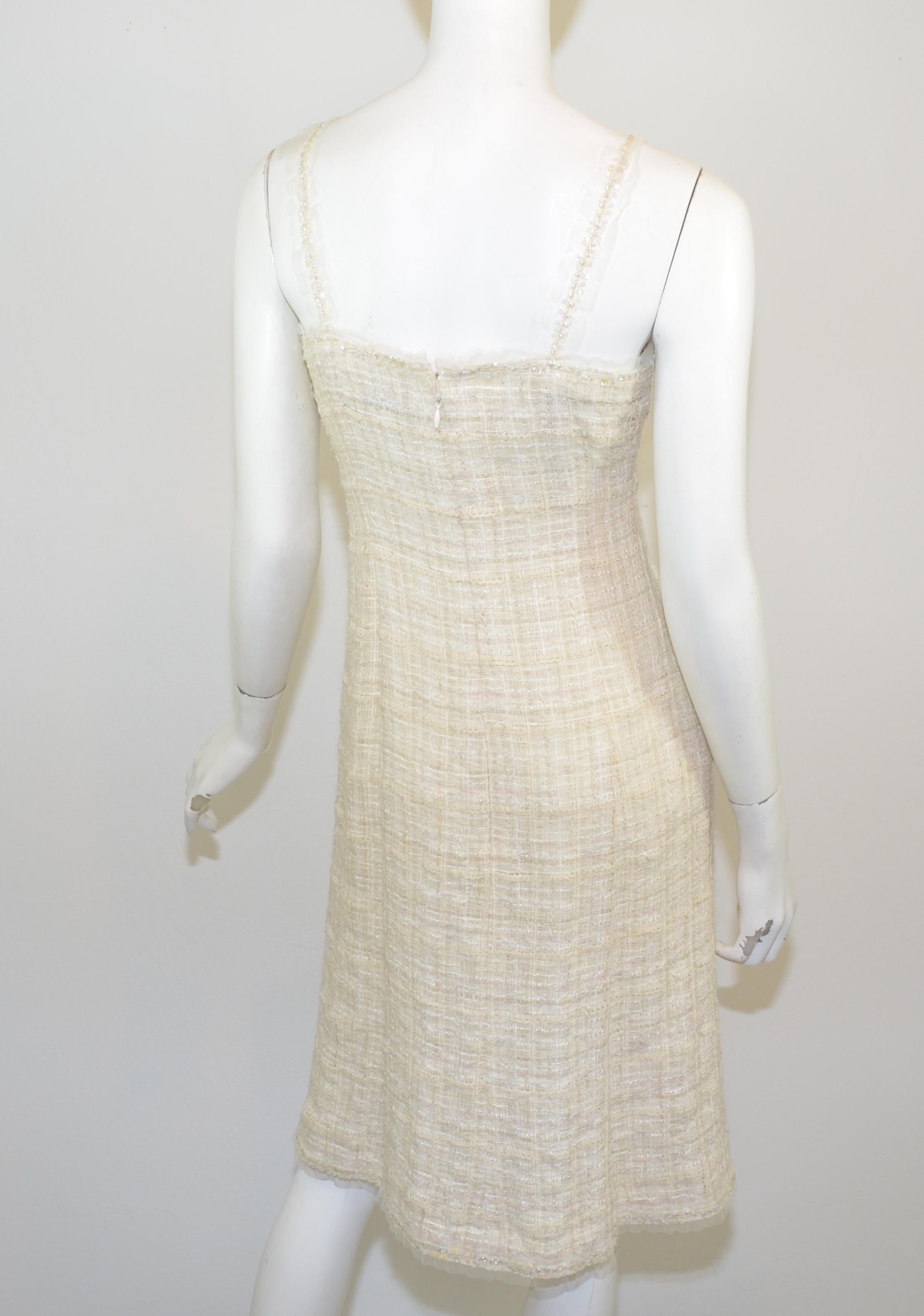 Chanel Ivory Tweed Knit Dress and Jacket Set with Camellia Brooch In Good Condition In Carmel, CA