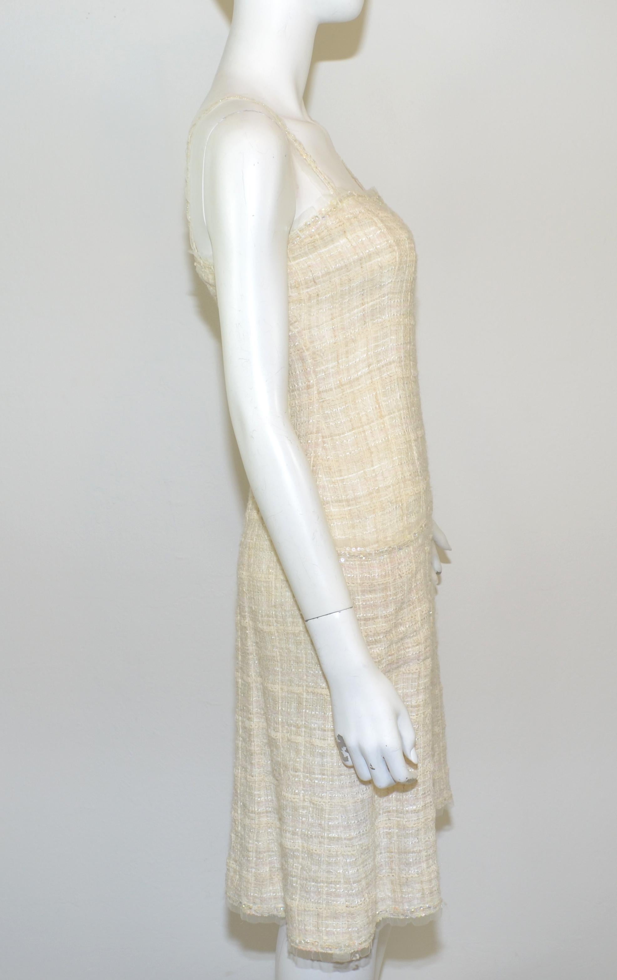 Chanel Ivory Tweed Knit Dress and Jacket Set with Camellia Brooch 1