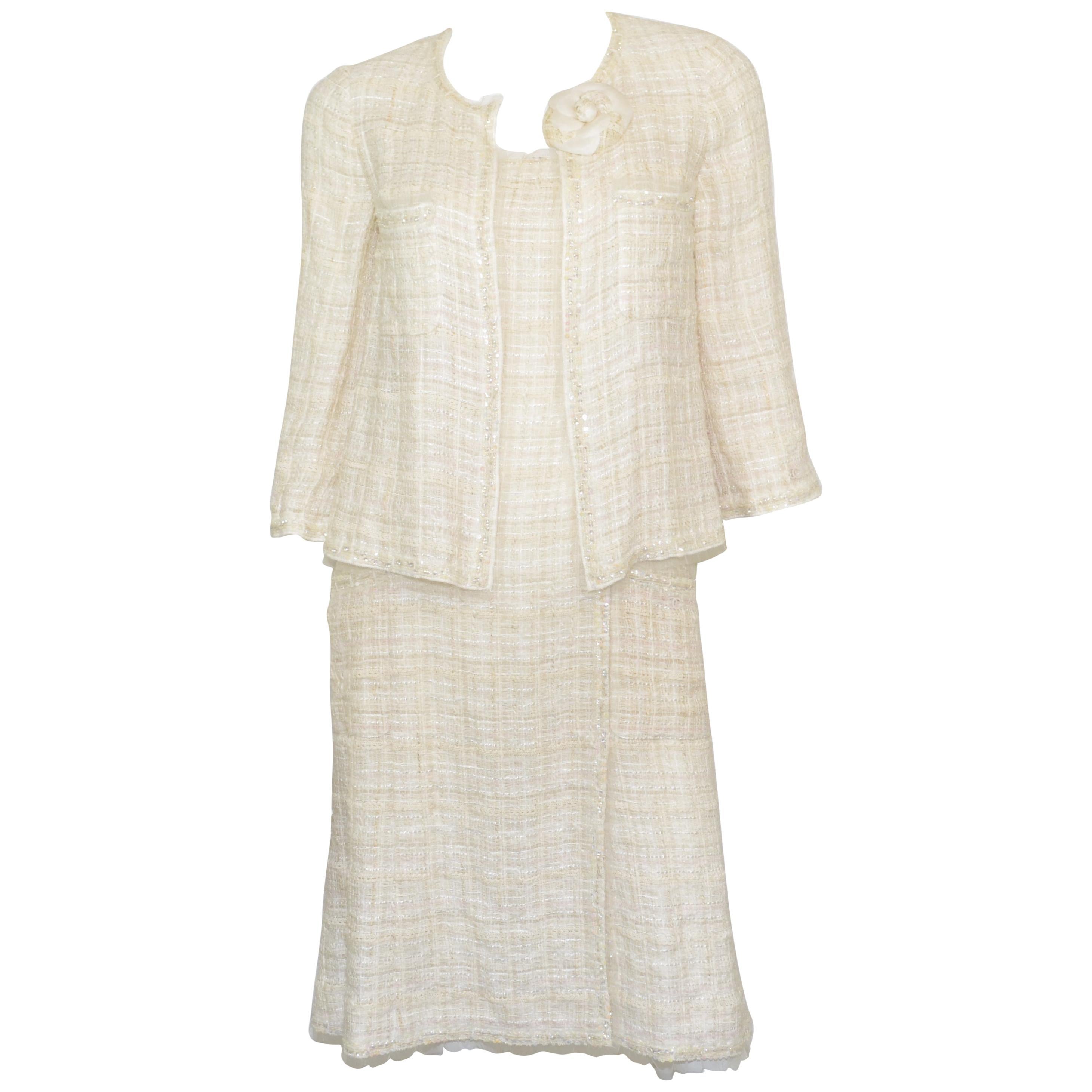 Chanel Ivory Tweed Knit Dress and Jacket Set with Camellia Brooch