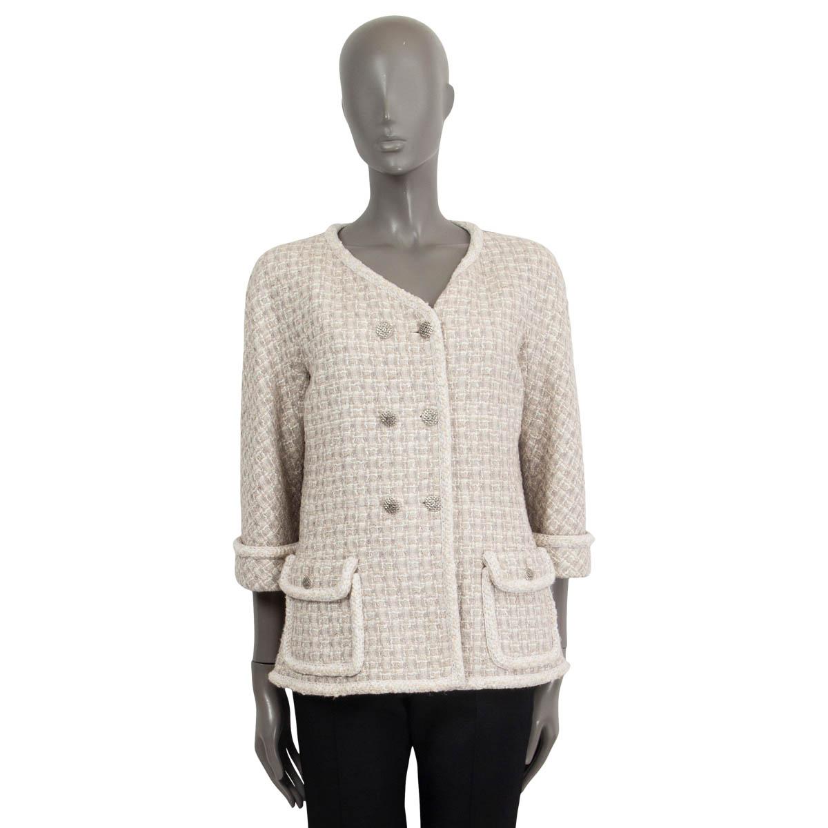 Gray CHANEL ivory viscose 2014 14P DOUBLE BREASTED TWEED Jacket 38 S For Sale