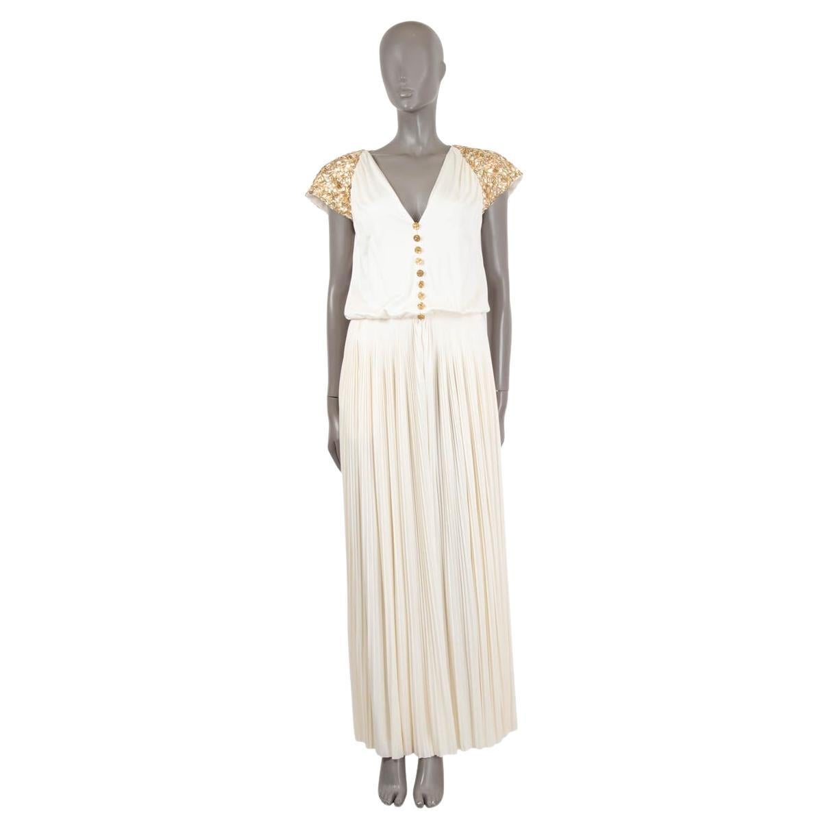 CHANEL ivory viscose 2018 18C GREECE BEADED & PLEATED Jumpsuit 38 S For Sale