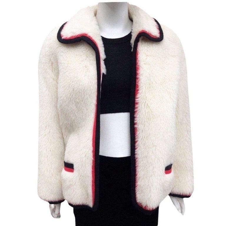 Women's or Men's Chanel Ivory White Alpaca Cotton Blend  Black/Red Contrast Trim Jacket  For Sale