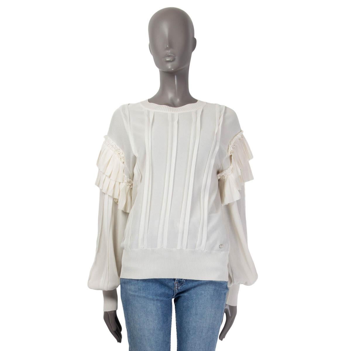 White CHANEL ivory white silk 2018 RUFFLED Sweater 38 S For Sale