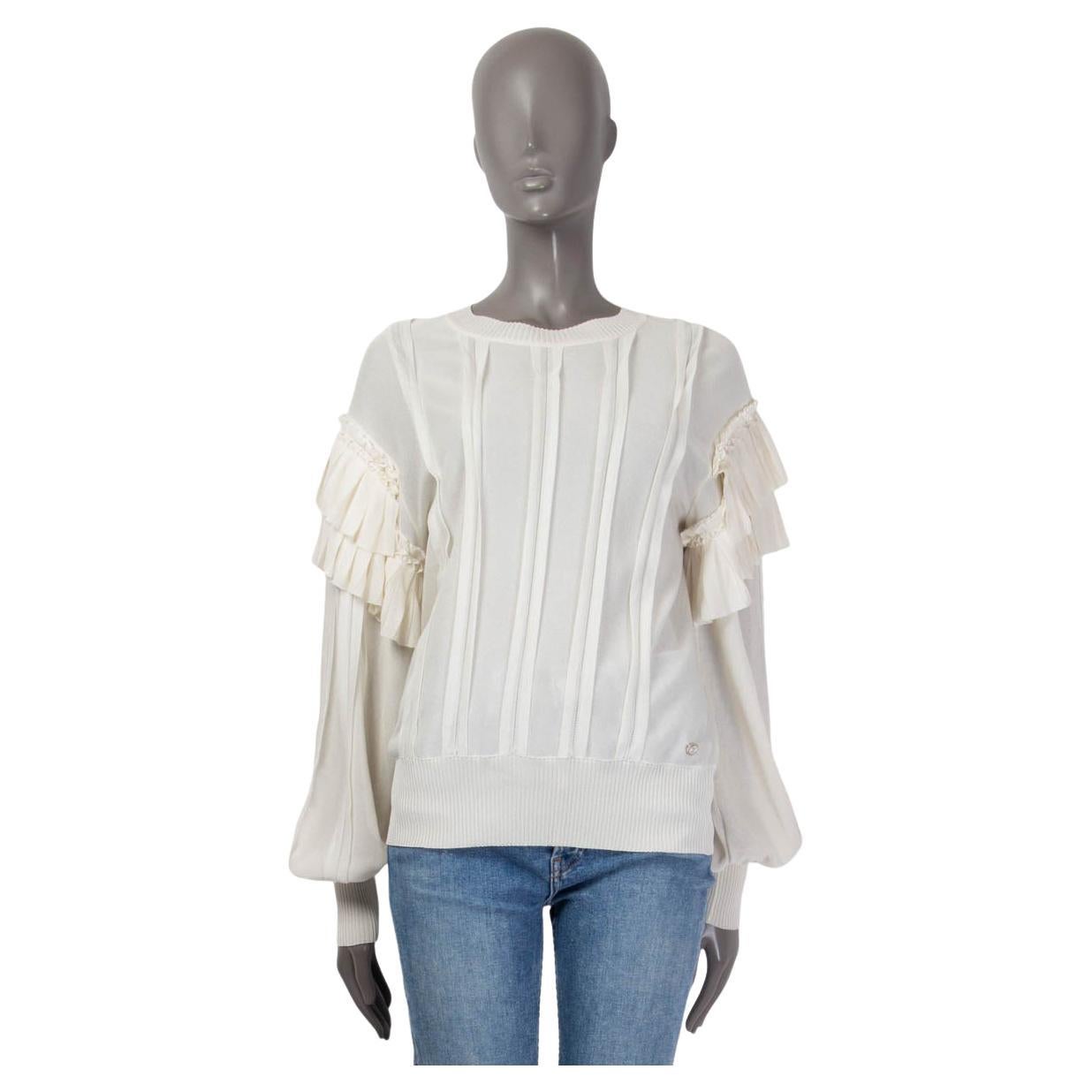 CHANEL ivory white silk 2018 RUFFLED Sweater 38 S For Sale