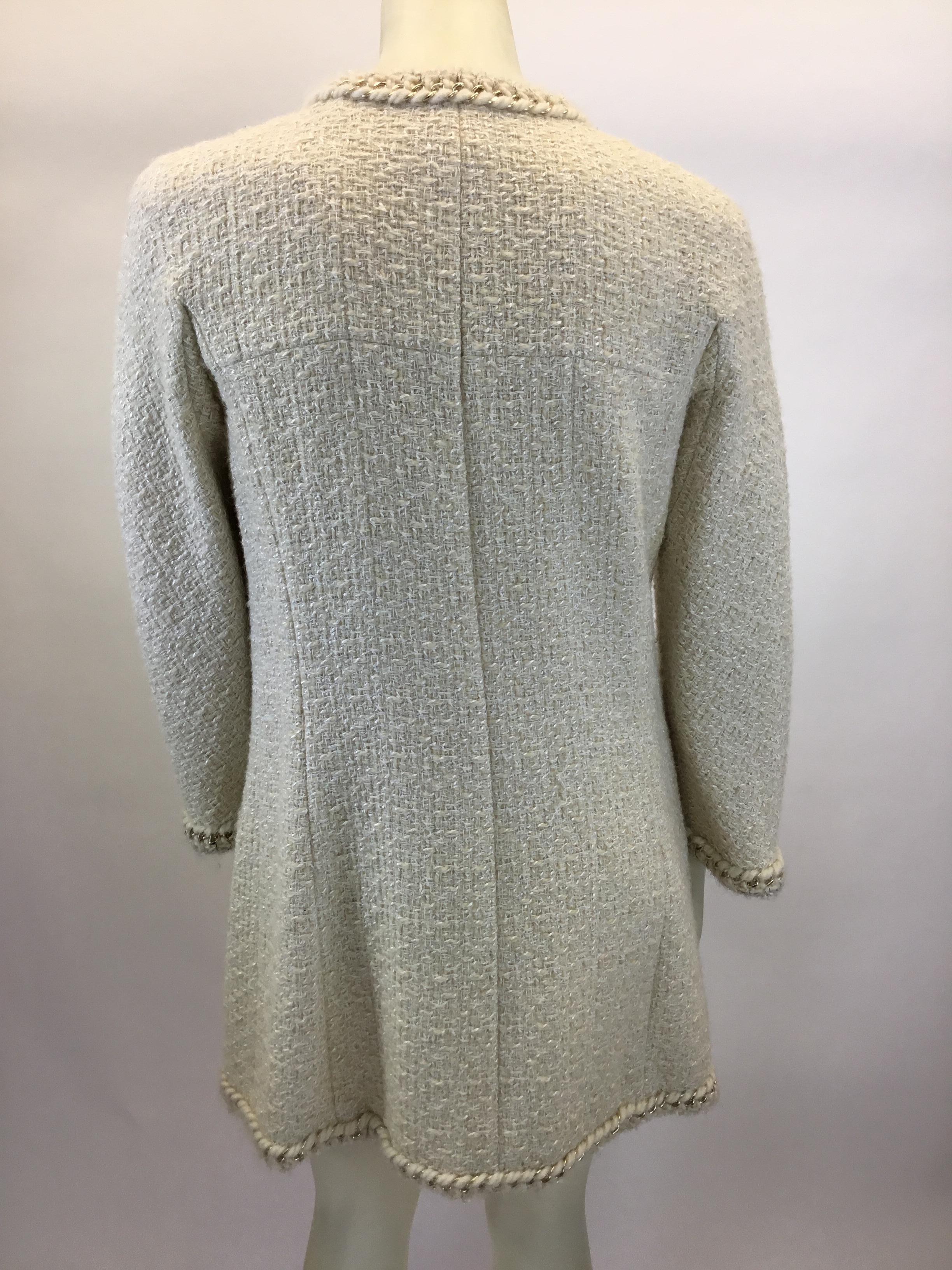 Gray Chanel Ivory Wool Jacket With Chain Trim For Sale