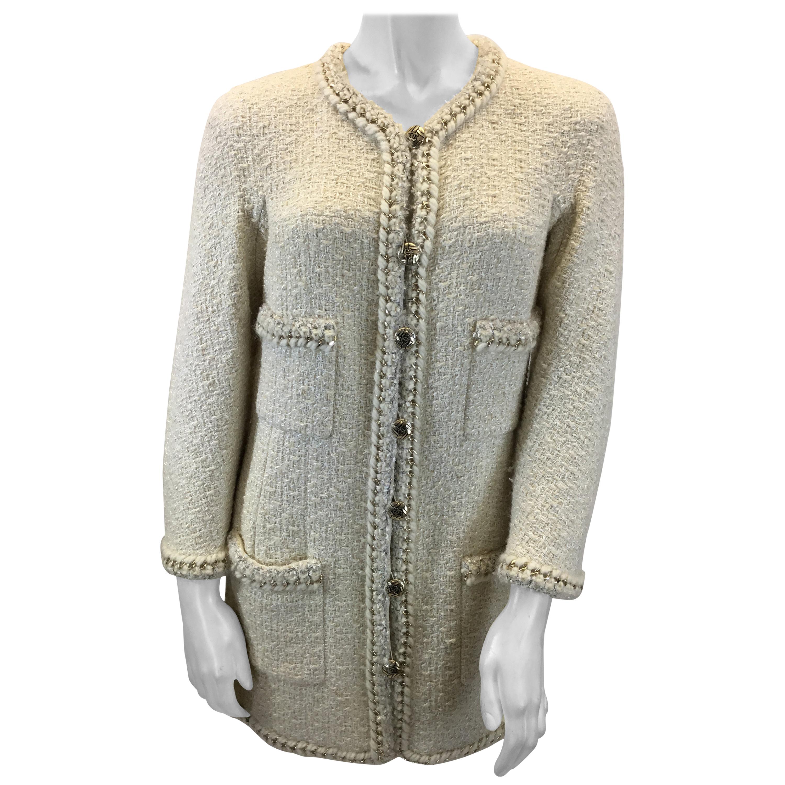 Chanel Ivory Wool Jacket With Chain Trim For Sale