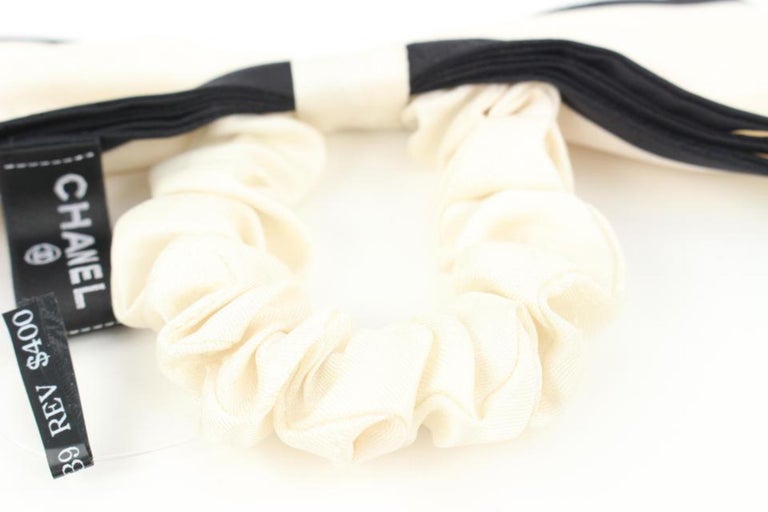 Chanel Ivory x Black Silk Ribbon Hair Tie Scrunchie Barrette 50ck32s