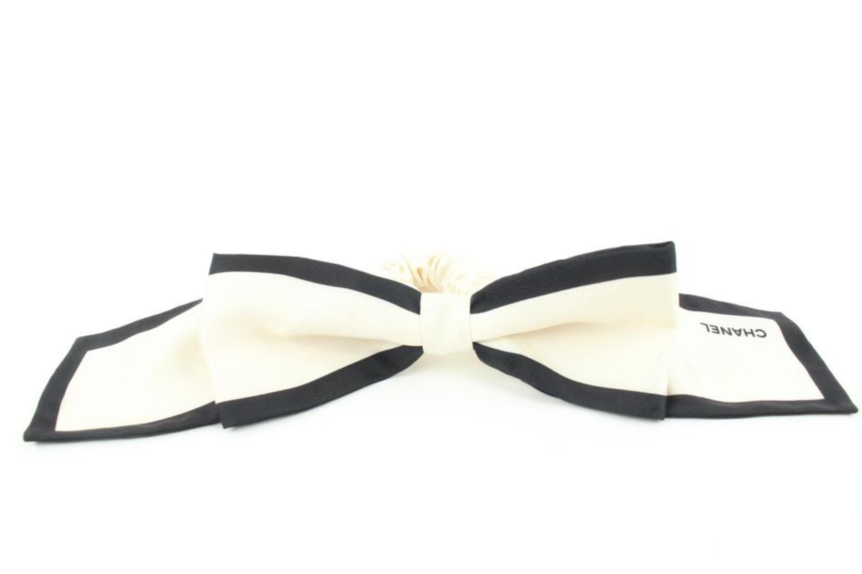 White Chanel Ivory x Black Silk Ribbon Hair Tie Scrunchie Barrette 50ck32s