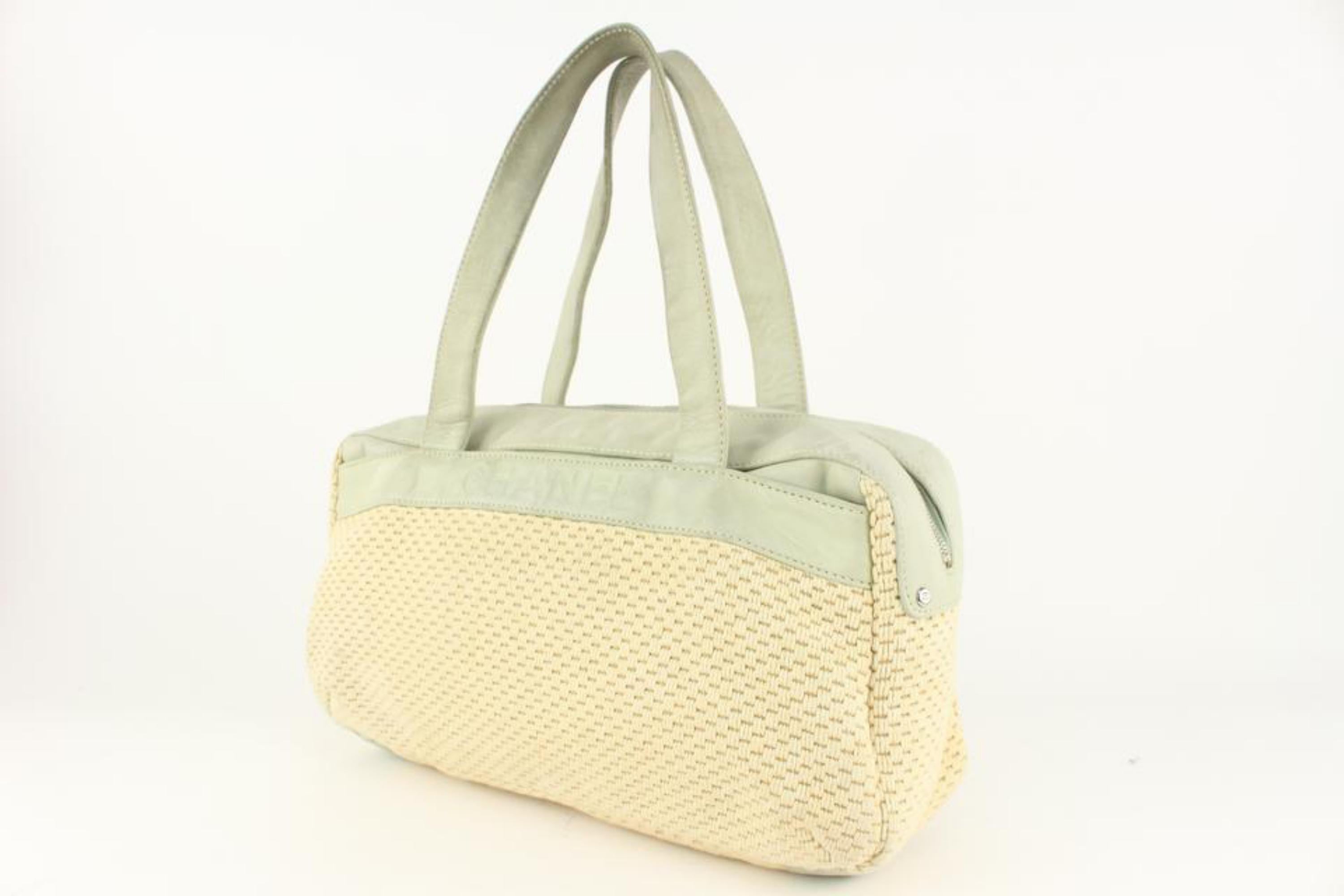 White Chanel Ivory x Green Woven Fabric x Leather Boston Shoulder Bag 1115c7