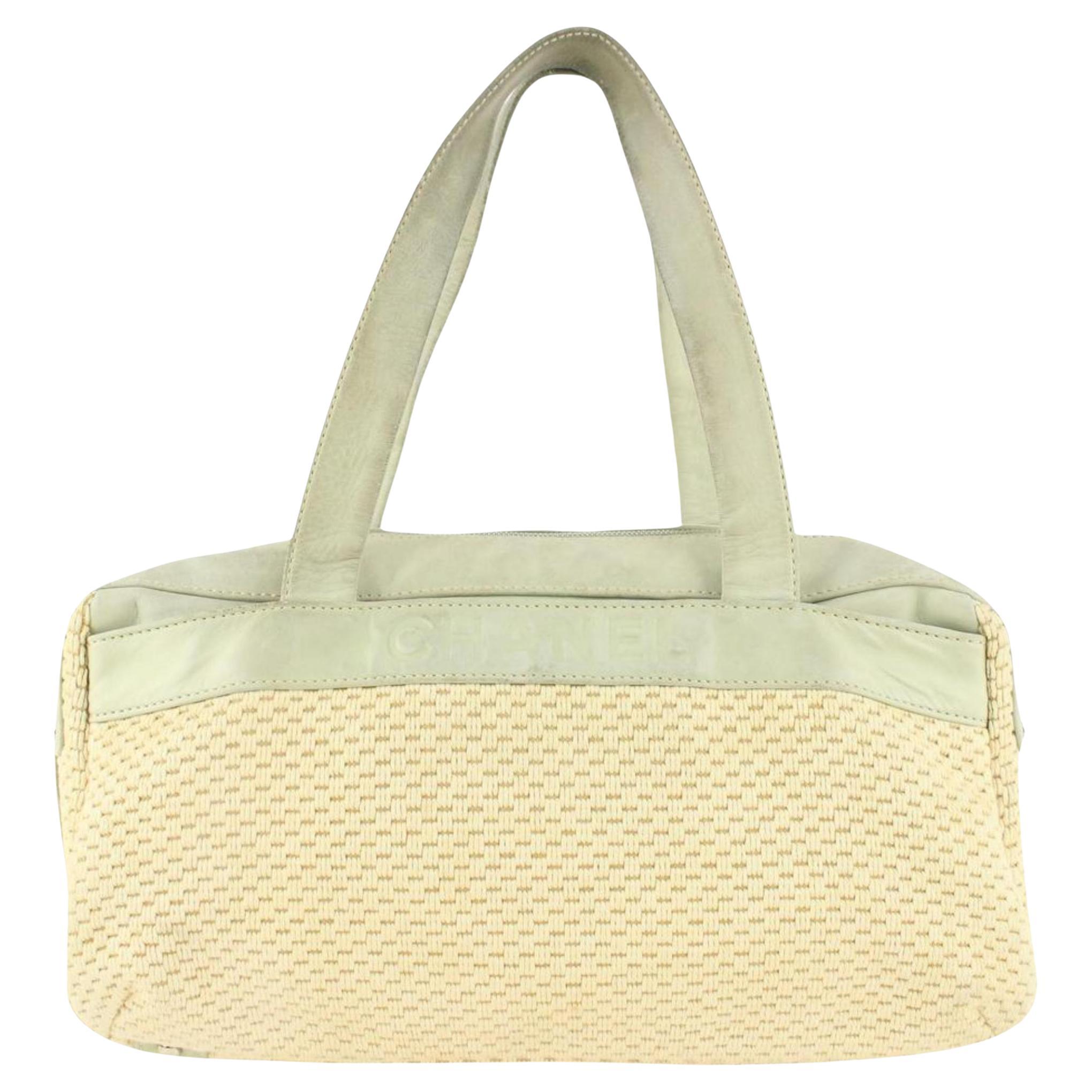 Chanel Ivory x Green Woven Fabric x Leather Boston Shoulder Bag 1115c7