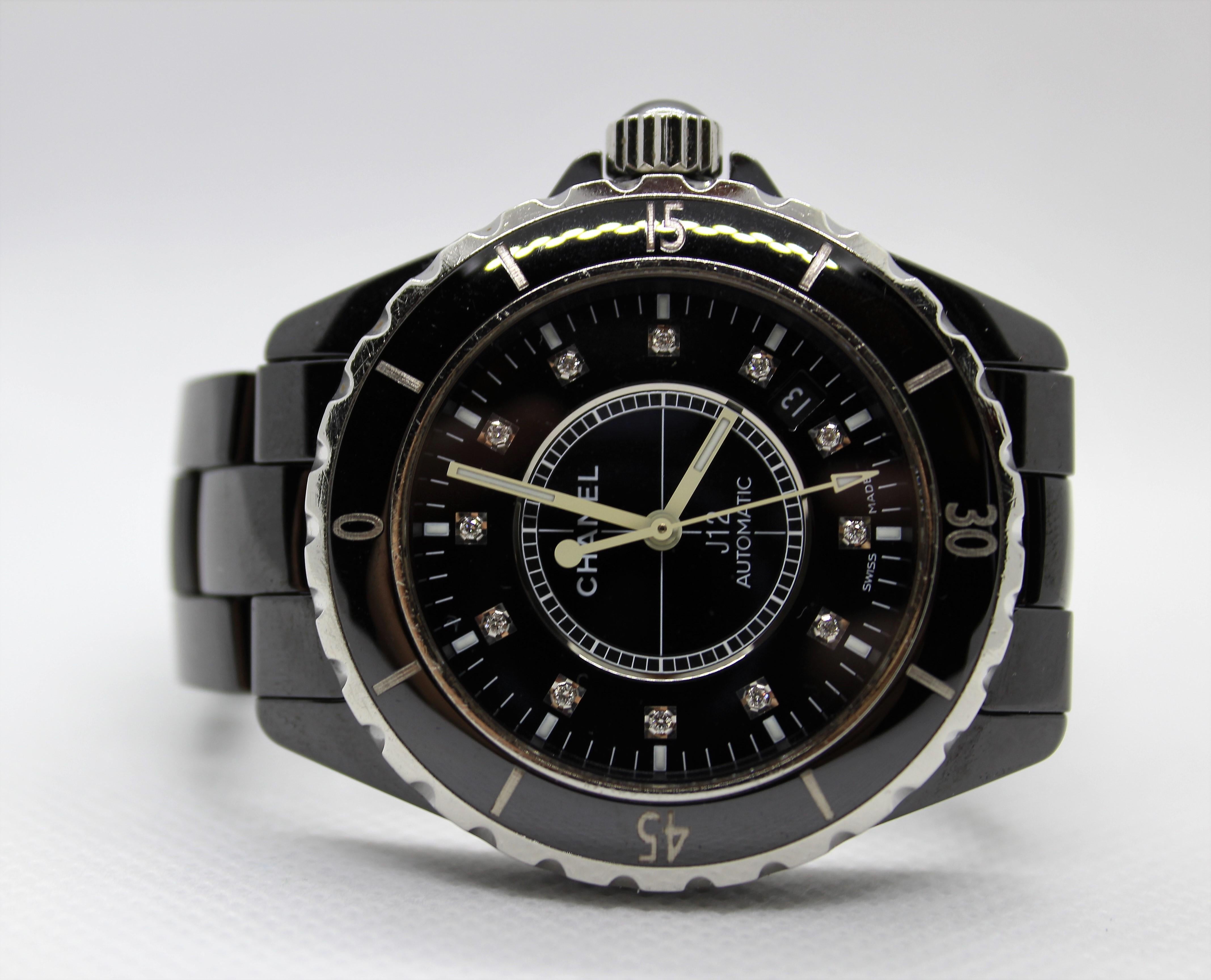Materials:

Black ceramic
Steel
Diamond

Case: Black high-tech ceramic and steel case

Bezel: Steel unidirectional rotating bezel

Dial: Black-lacquered dial set with 12 diamond indicators (~0.09 carat)

Crown
Steel screw-down crown with black