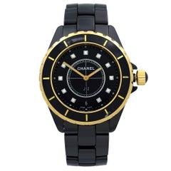 Chanel J12 18 Karat Yellow Gold Black Ceramic Diamond Quartz Ladies Watch H2544