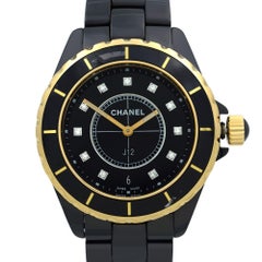 Chanel J12 18 Karat Yellow Gold Black Ceramic Diamond Quartz Ladies Watch H2544