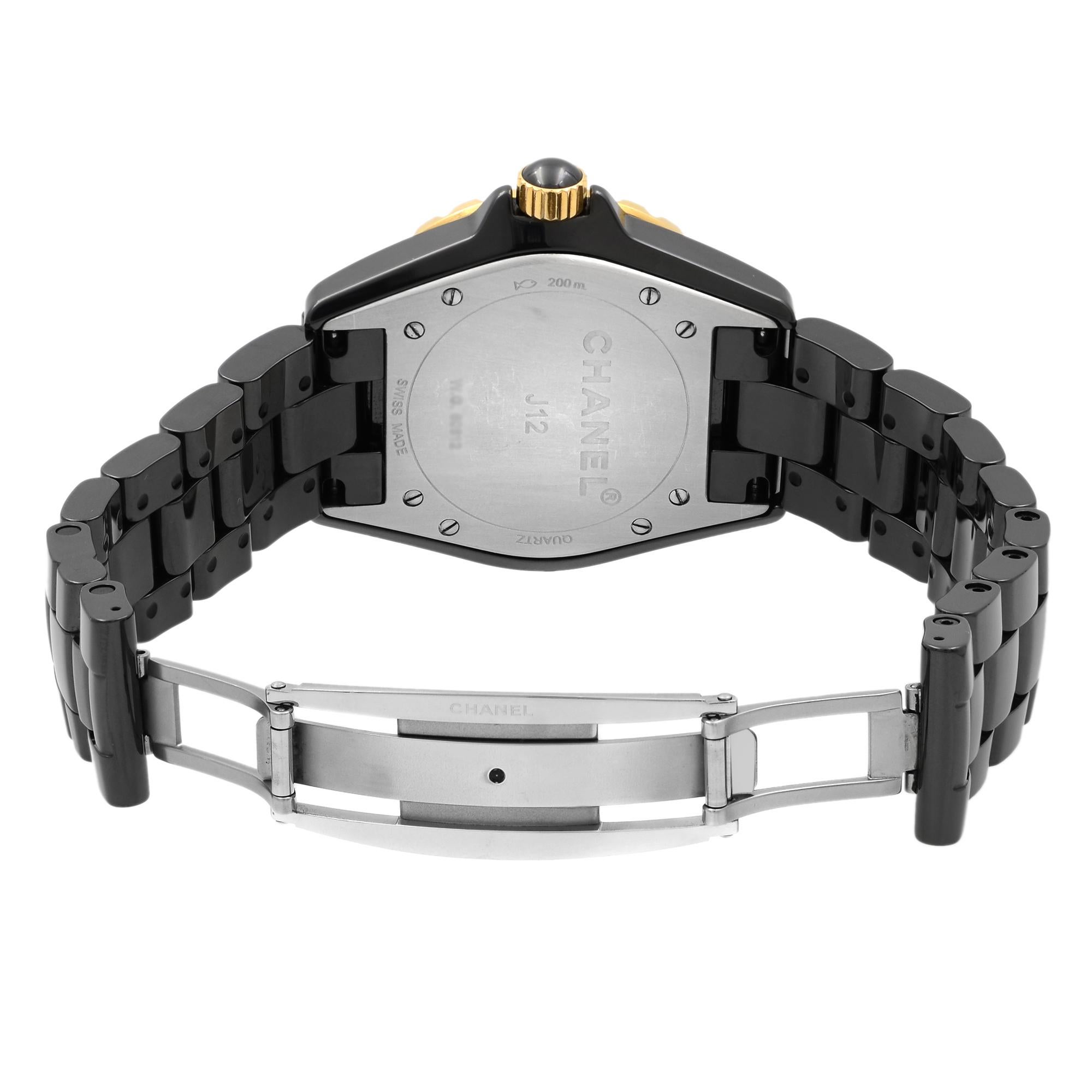 Chanel J12 18 Karat Yellow Gold Black Ceramic Diamond Quartz Ladies Watch H2544 In Good Condition In New York, NY