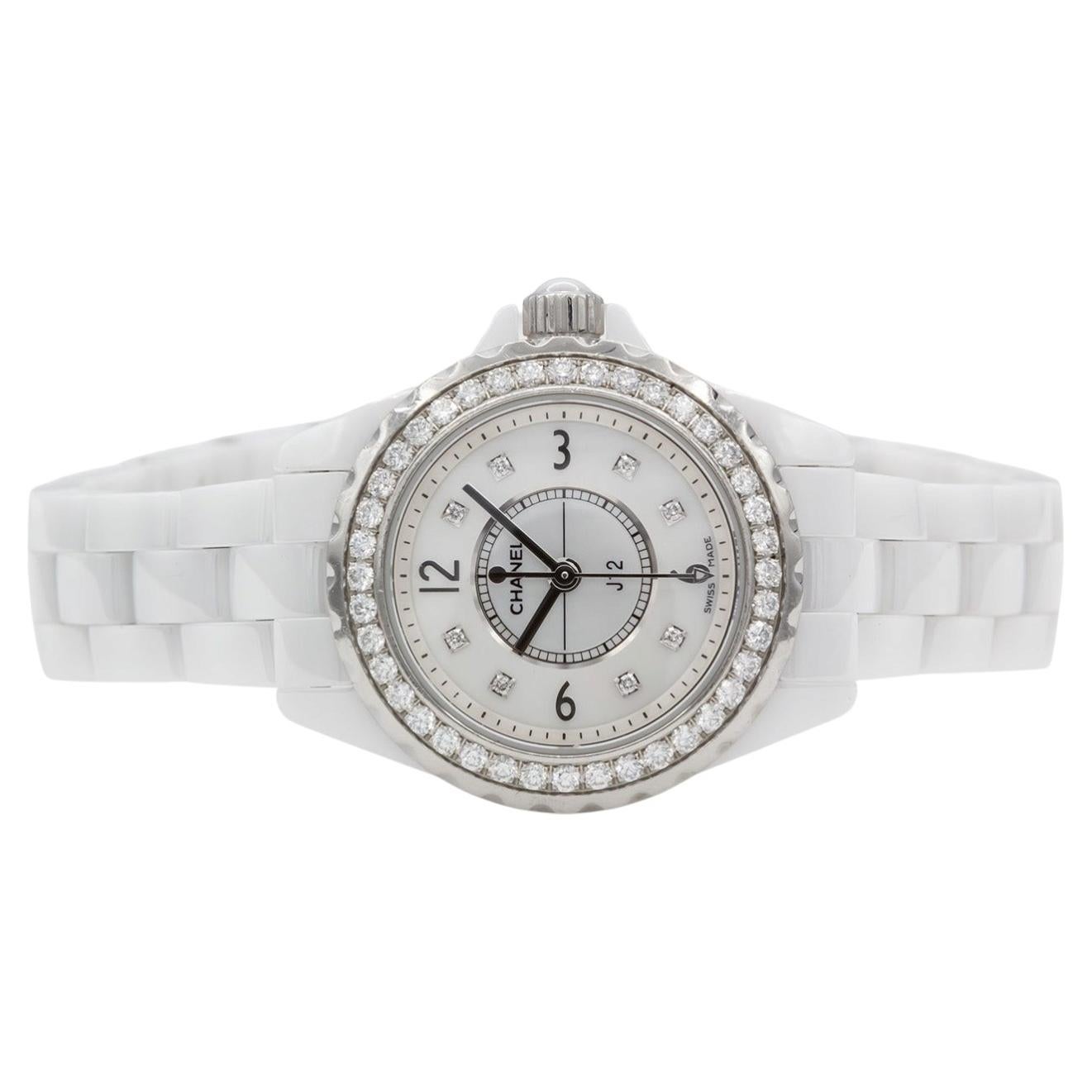 Chanel J12 29mm Cerámica Blanca Bisel Diamante MOP Esfera Diamante Reloj Cuarzo H2572
