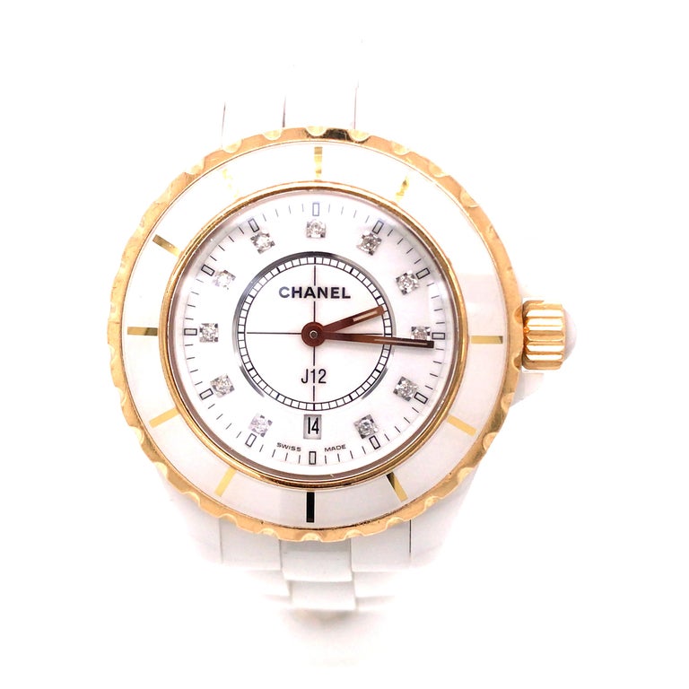 Chanel J12 White Ceramic and 18K Yellow Gold Watch with Diamond Markers