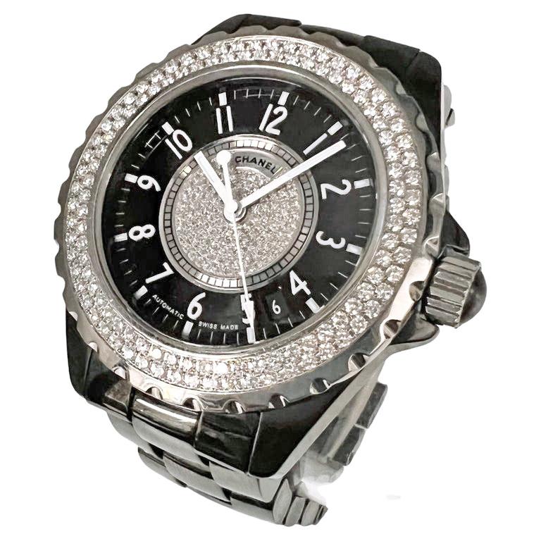 Chanel black ceramic J12 (ref. H1709) wrist watch, featuring a 38mm case with a self-winding automatic movement. Black ceramic and steel dial which is pave-set with 108 round-cut diamonds in the center. The dial has applied white Arabic numeral hour