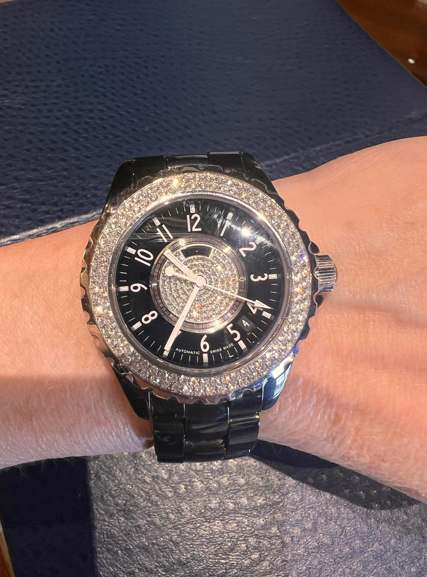 Round Cut Chanel J12 H1709 Black Ceramic Diamond Wrist Watch