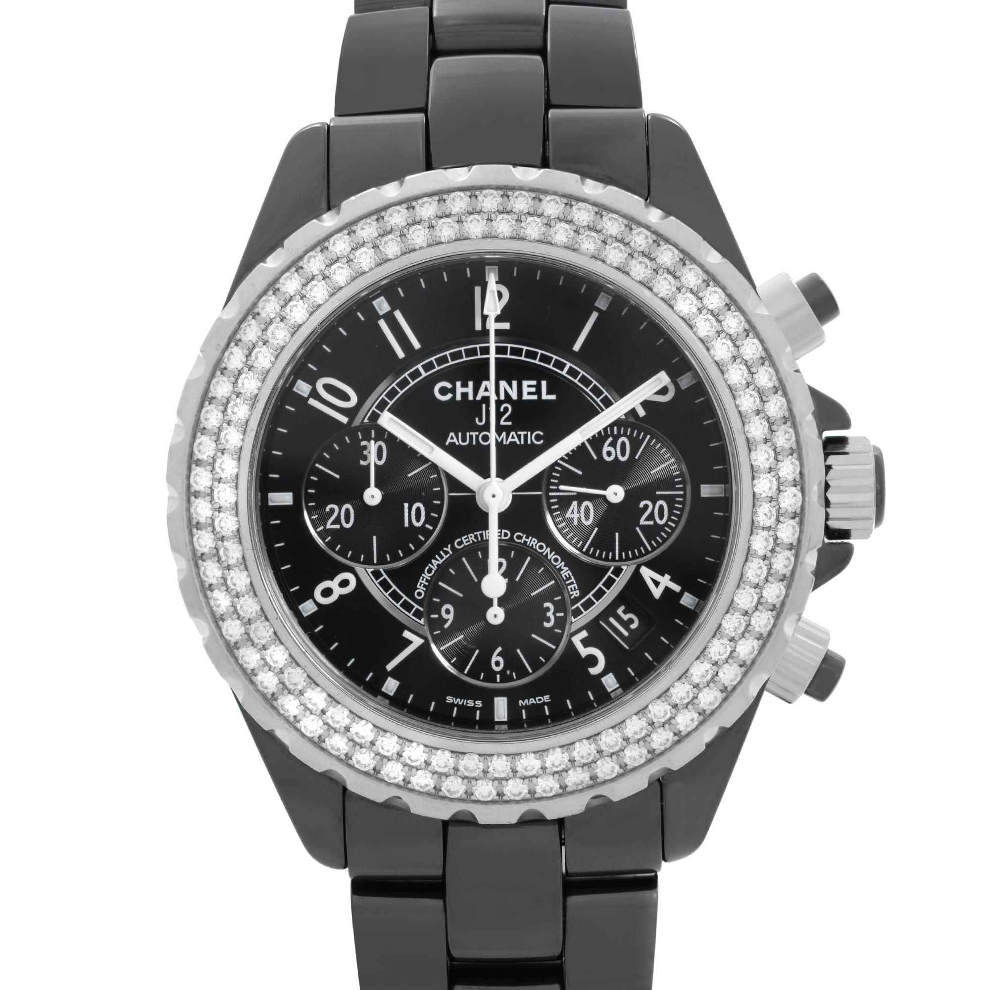 Pre-owned Chanel J12 41mm Black Ceramic Chronograph Diamond Automatic Mens Watch H1009. Minor Scratches on the Ceramic Case and Bracelet Under Closer Inspection. This Beautiful Timepiece is Powered by an Mechanical (Automatic) Movement and Features: