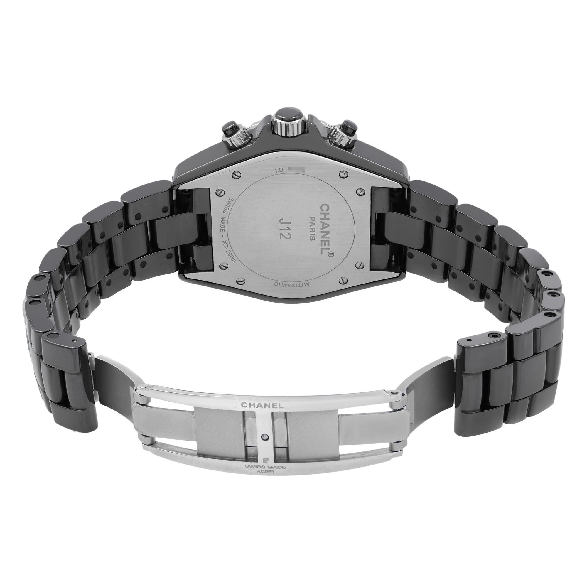 Chanel J12 Black Ceramic Chronograph Diamond Automatic Mens Watch H1009 In Good Condition In New York, NY