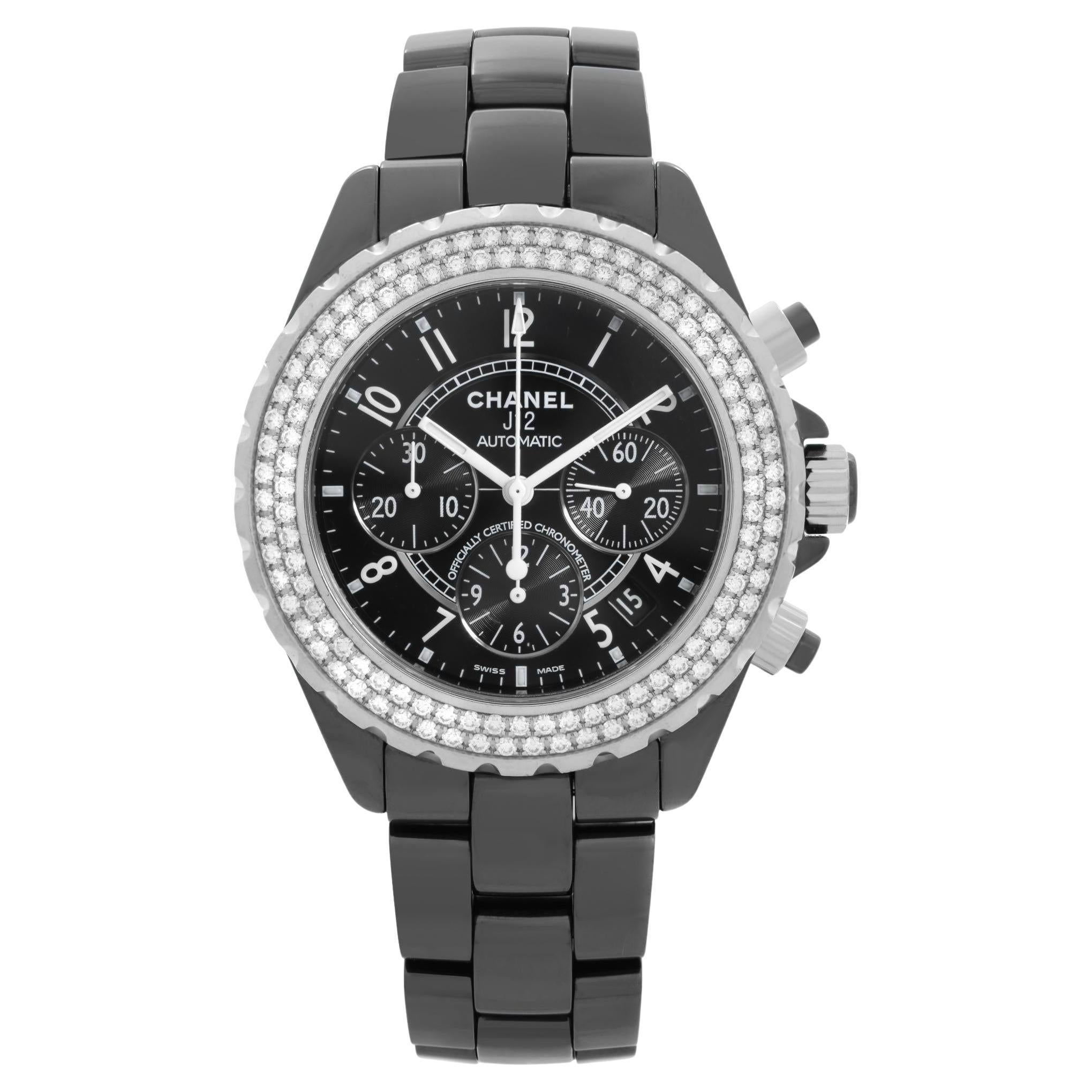 Chanel J12 Black Ceramic Chronograph Diamond Automatic Mens Watch H1009