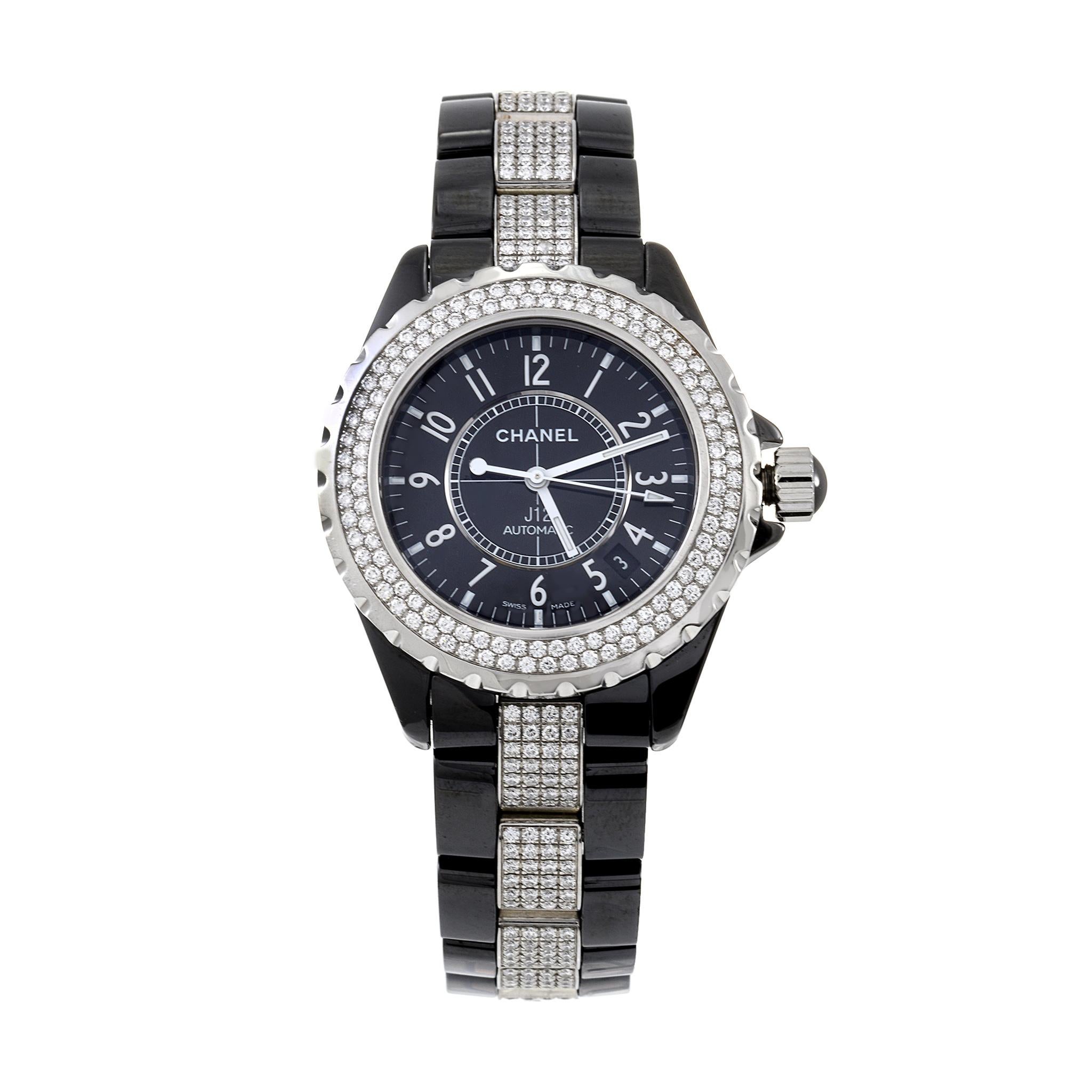 Pre-owned Good Condition Chanel J12 Automatic Ladies Watch reference H1339. The band is short and fits 6 inches wrist size, and has a few hairline scratches on links. Features: 38mm Black Ceramic Case with a Black Ceramic Bracelet with Diamond