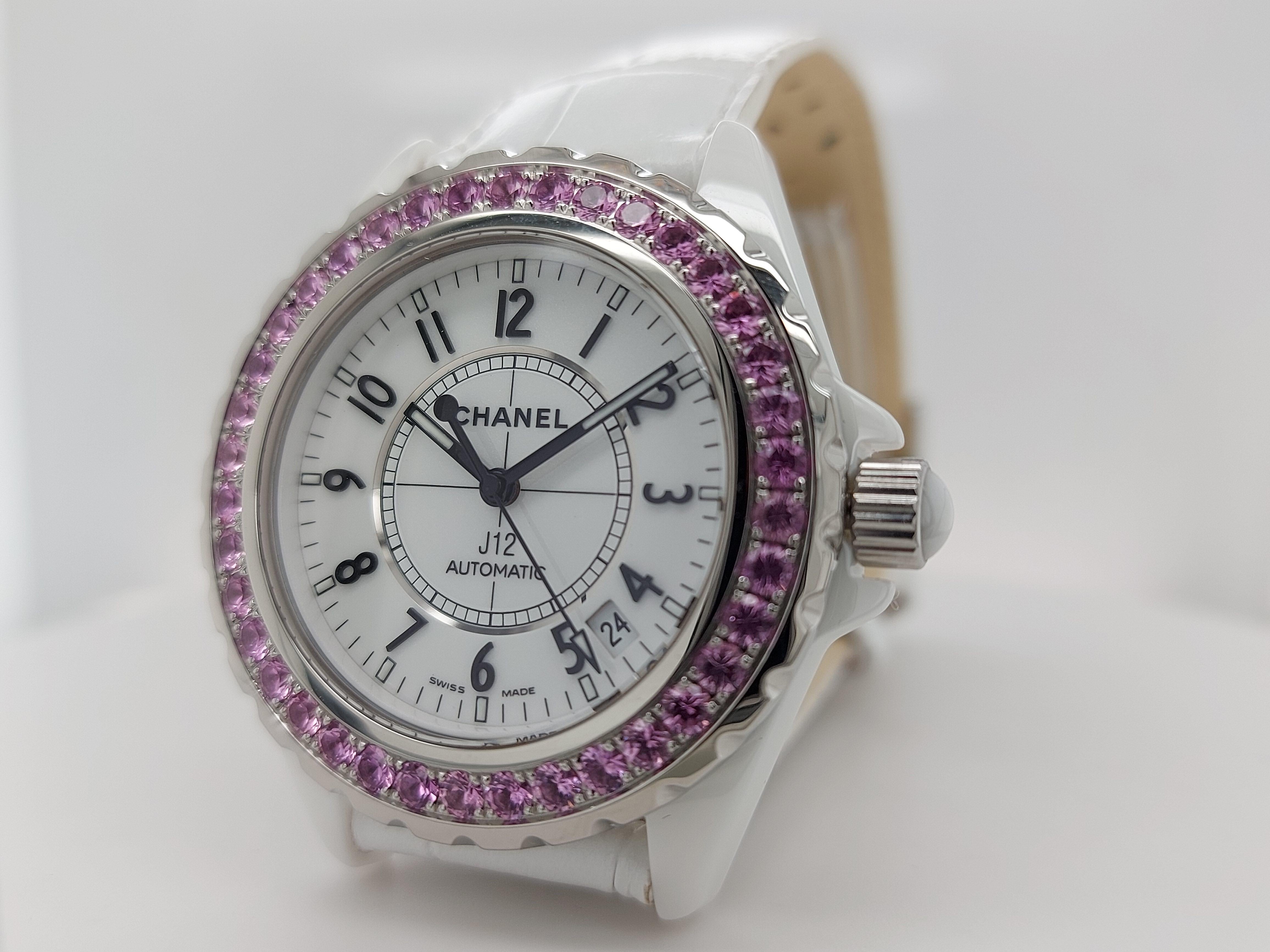 Round Cut Chanel J12, Automatic, Ceramic Case, with Pink Sapphires