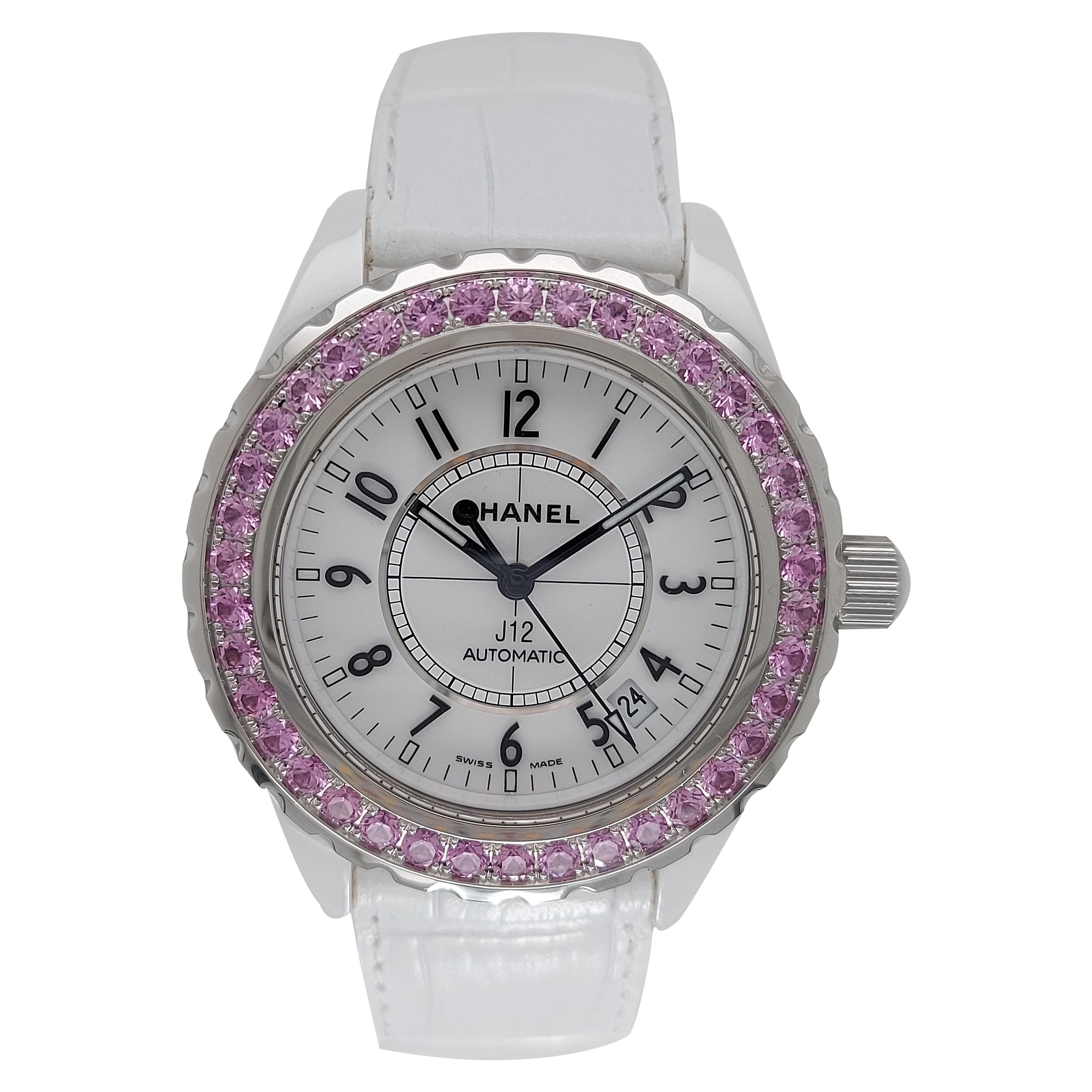 Chanel White Ceramic Diamonds Pink Sapphire J12 H3243 Women's