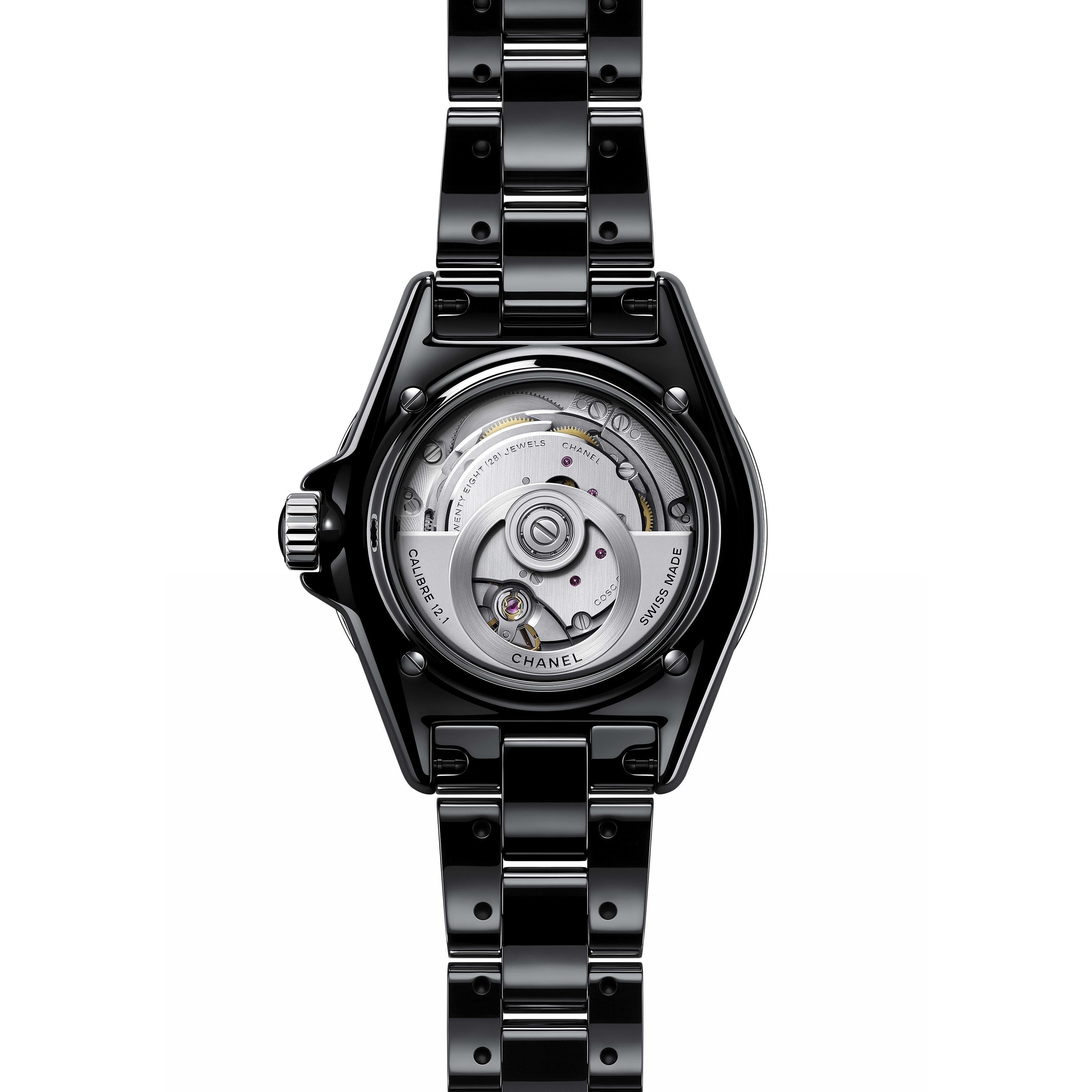 Black (highly resistant) ceramic case and bracelet. Uni-directional rotating black (highly resistant) ceramic bezel with a steel rim. Black dial with silver-tone hands and diamond hour markers. Minute markers around the outer rim. Dial Type: Analog.