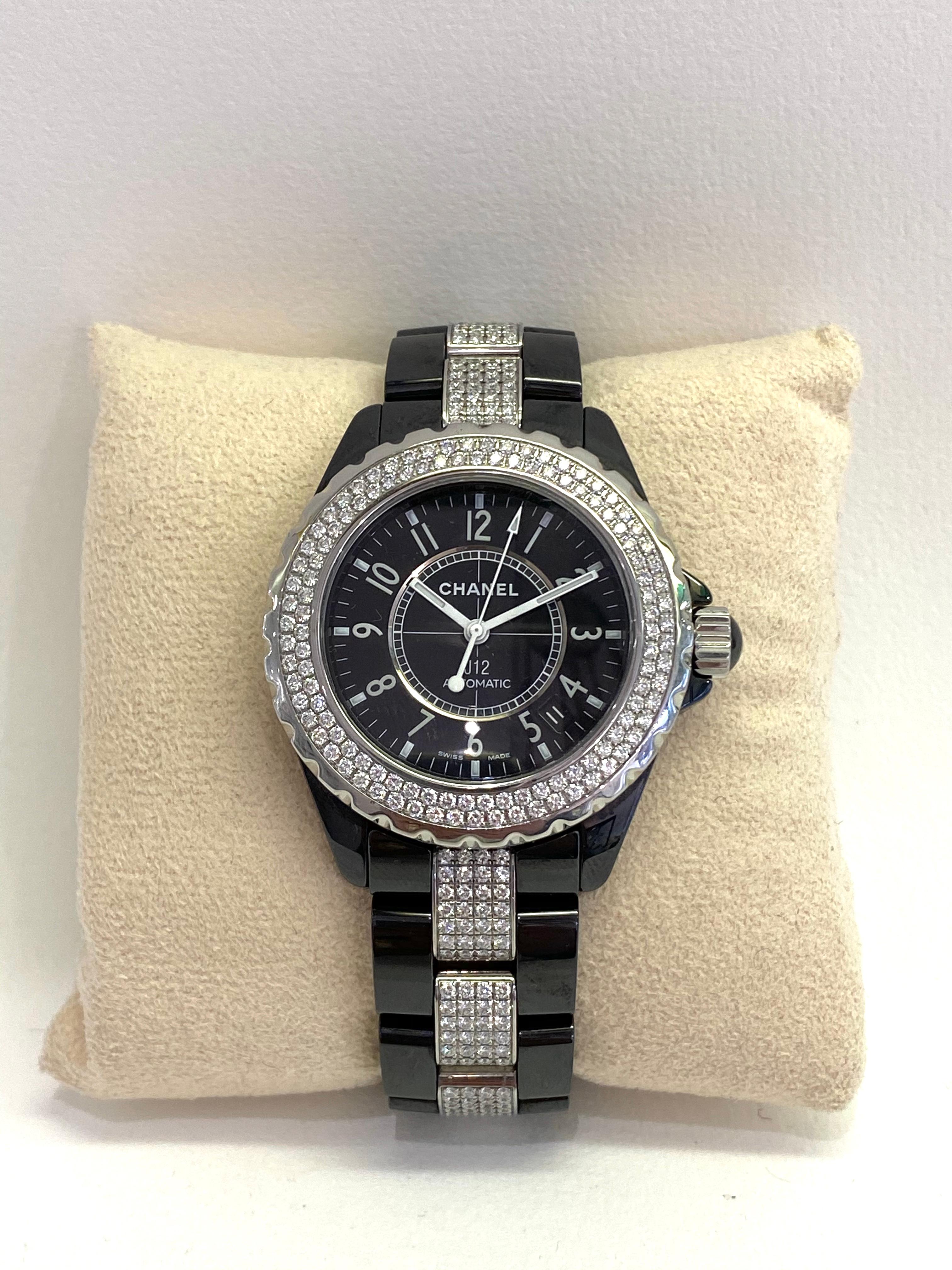 Chanel J12 Black Ceramic Automatic Full Factory Diamond Watch In Good Condition In Boulogne Billancourt, FR