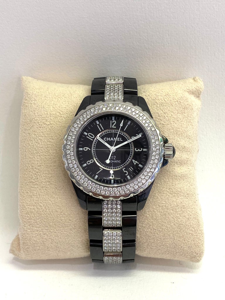Chanel J12 Black Ceramic Automatic Full Factory Diamond Watch at 1stDibs