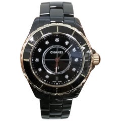 Chanel J12 Black Ceramic and Rose Gold Diamond Dial Watch H2544