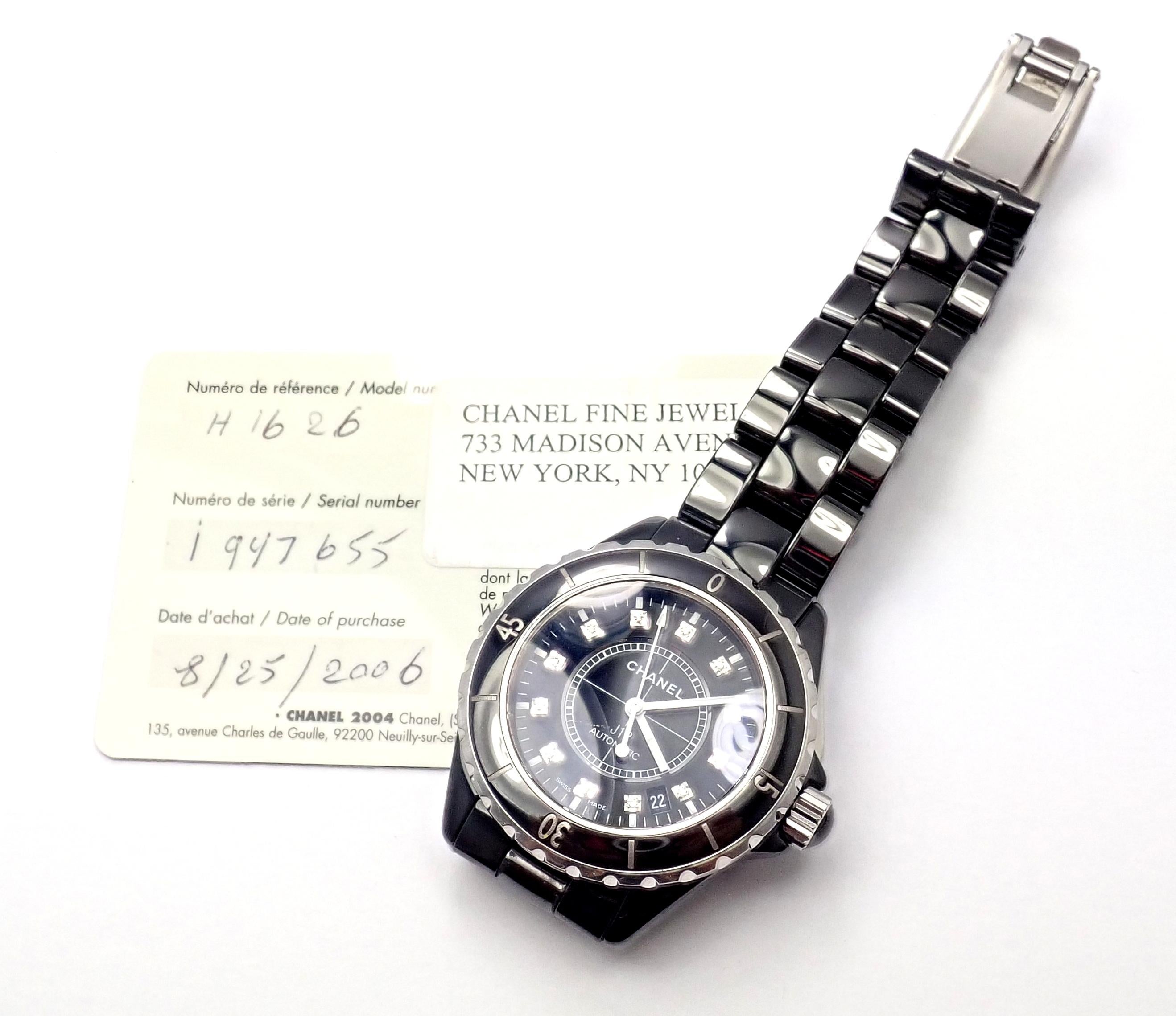 Brilliant Cut Chanel J12 Black Ceramic Automatic Diamond Watch Ref H1626