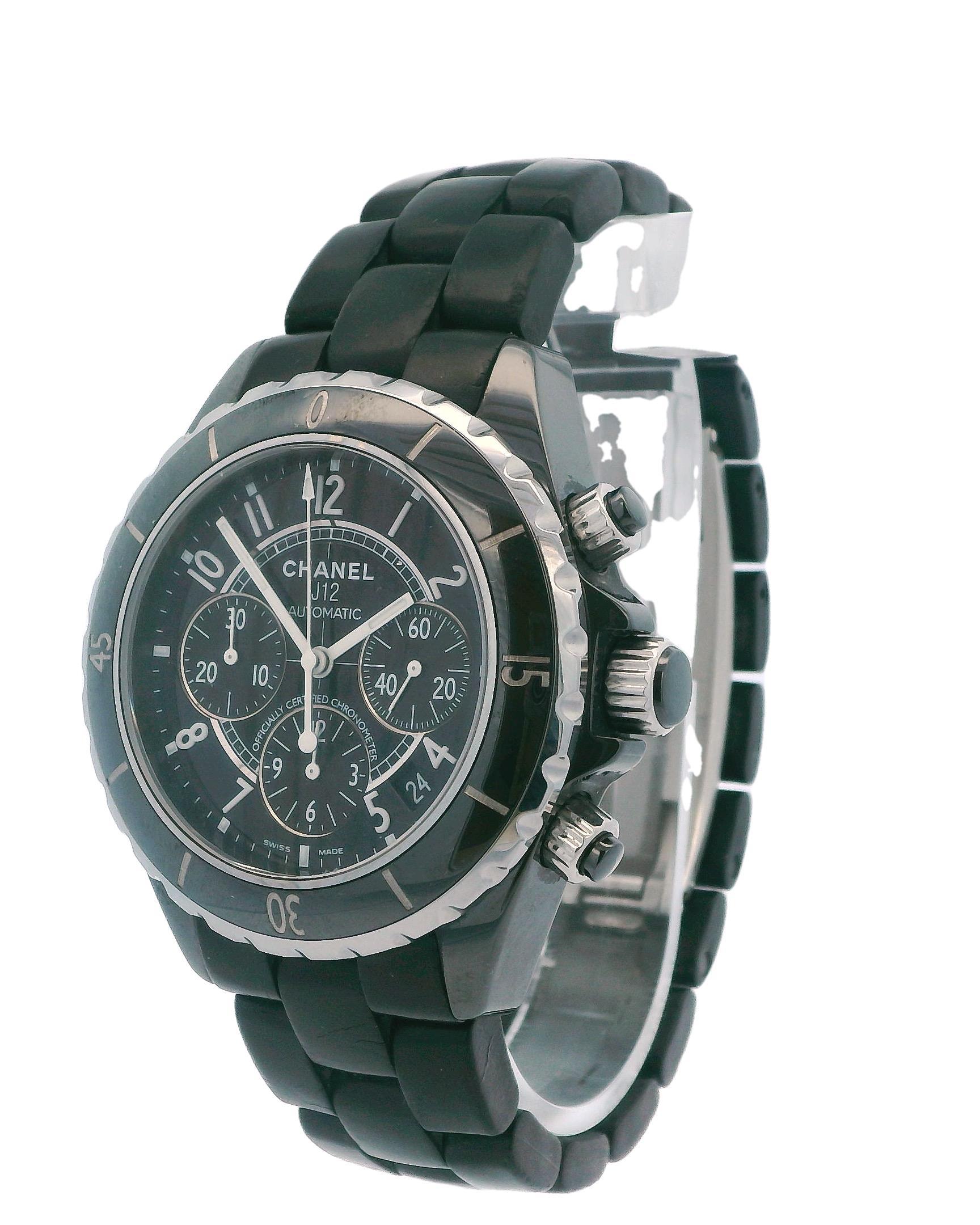 Chanel J12 Mens Watch. 41mm ceramic case. Ceramic bezel & Black dial with white luminous hands and Arabic numeral hour markers. The date is displayed between 4 & 5 o'clock position. Ceramic bracelet with stainless steel hidden butterfly clasp. Will
