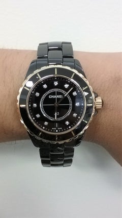 Chanel J12 Schwarz Keramik und Rose Gold Diamond Dial Uhr H2544