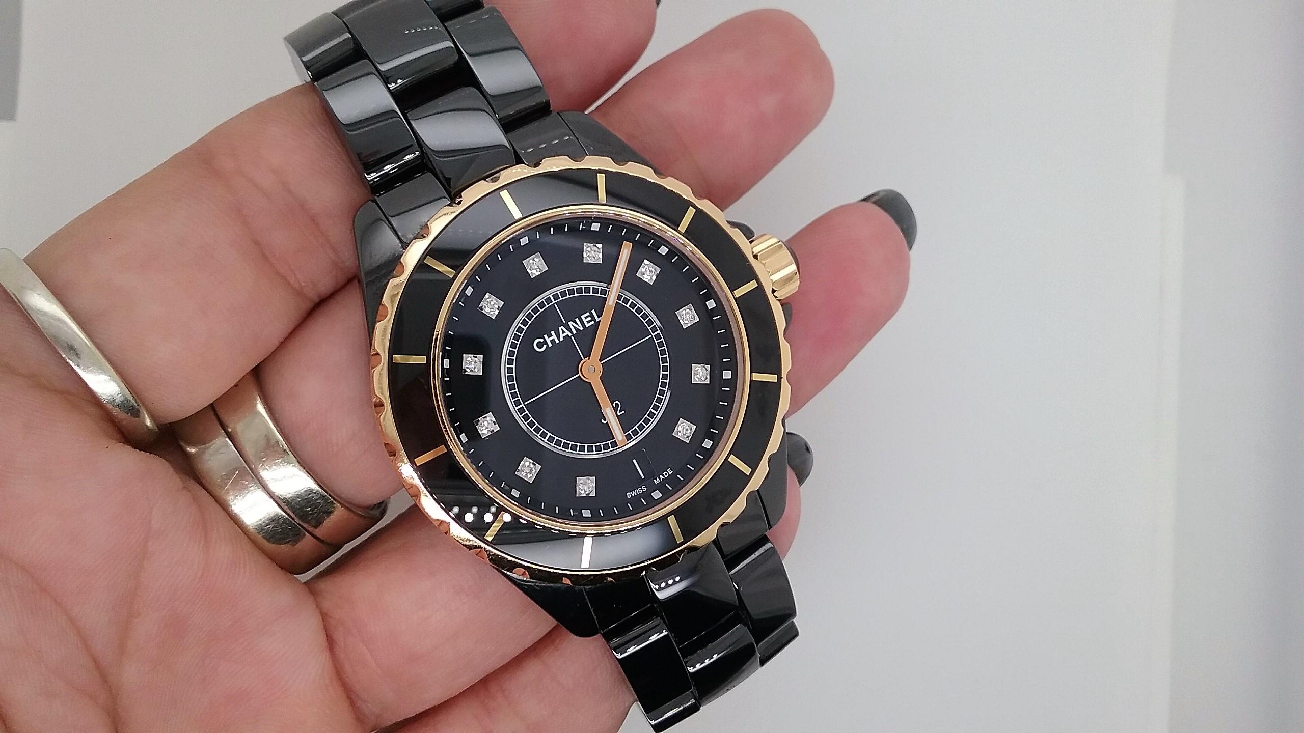 Round Cut Chanel J12 Black Ceramic and Rose Gold Diamond Dial Watch H2544