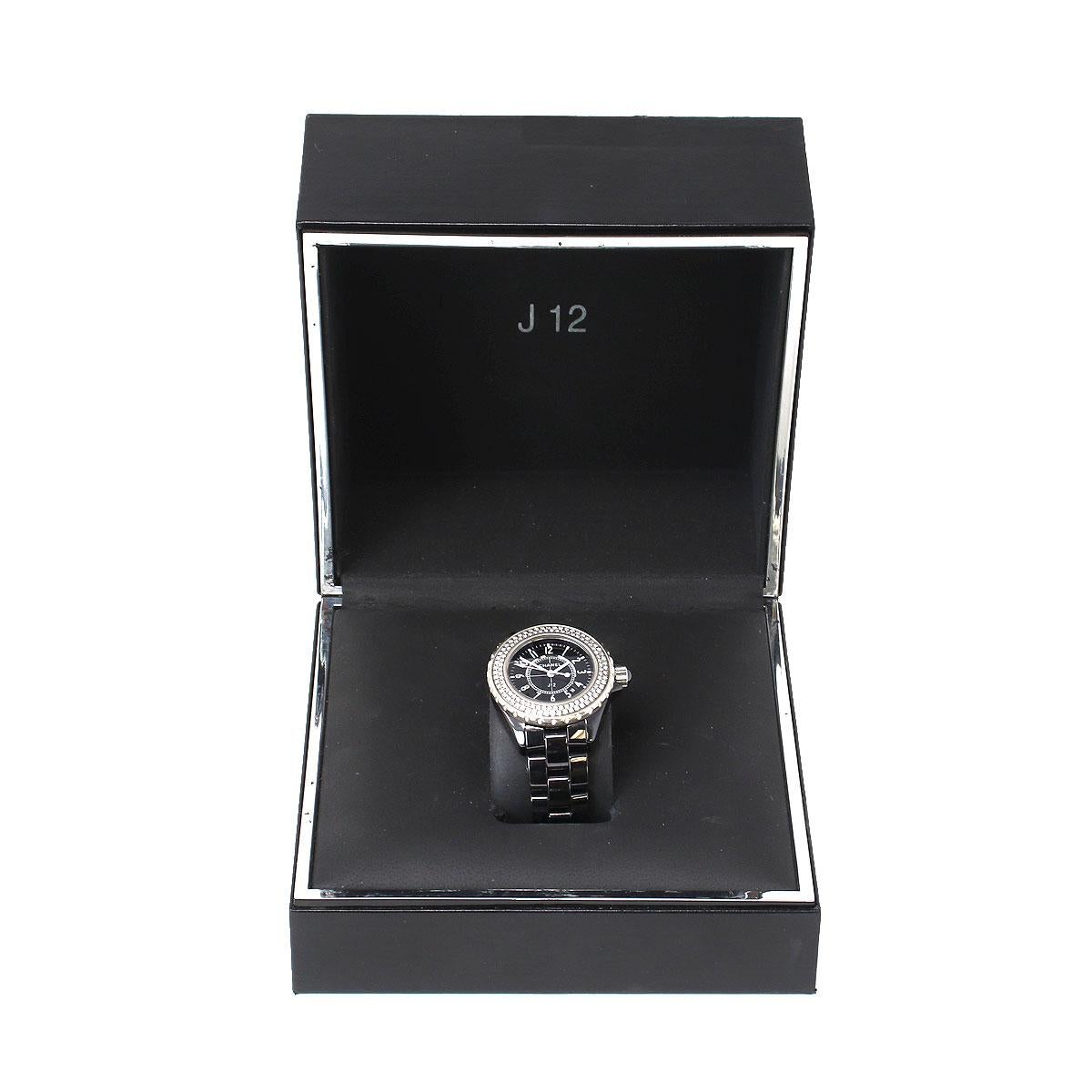 Round Cut Chanel J12 Black Dial Diamond Bezel Ladies Watch