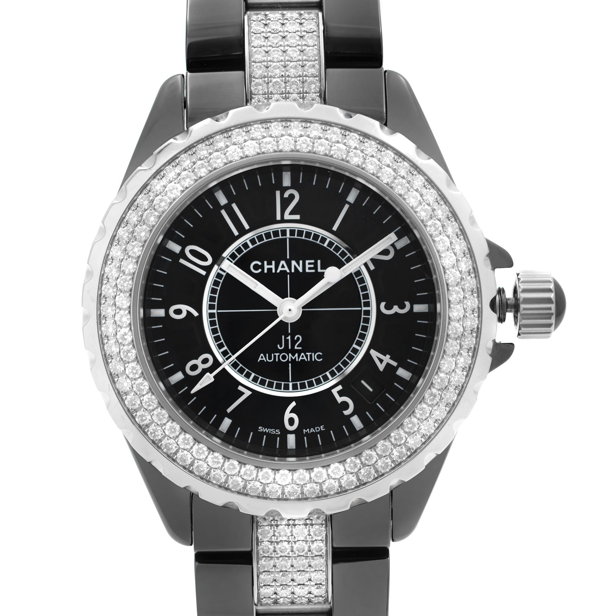 Store Display Model Chanel J12 Ceramic Black Dial Diamonds Bracelet Automatic Ladies Watch H1339. This Beautiful Timepiece Features: Black Ceramic Case with a Black Ceramic Bracelet with Diamond Center Links, Stainless Steel Bezel set with 2 Rows of