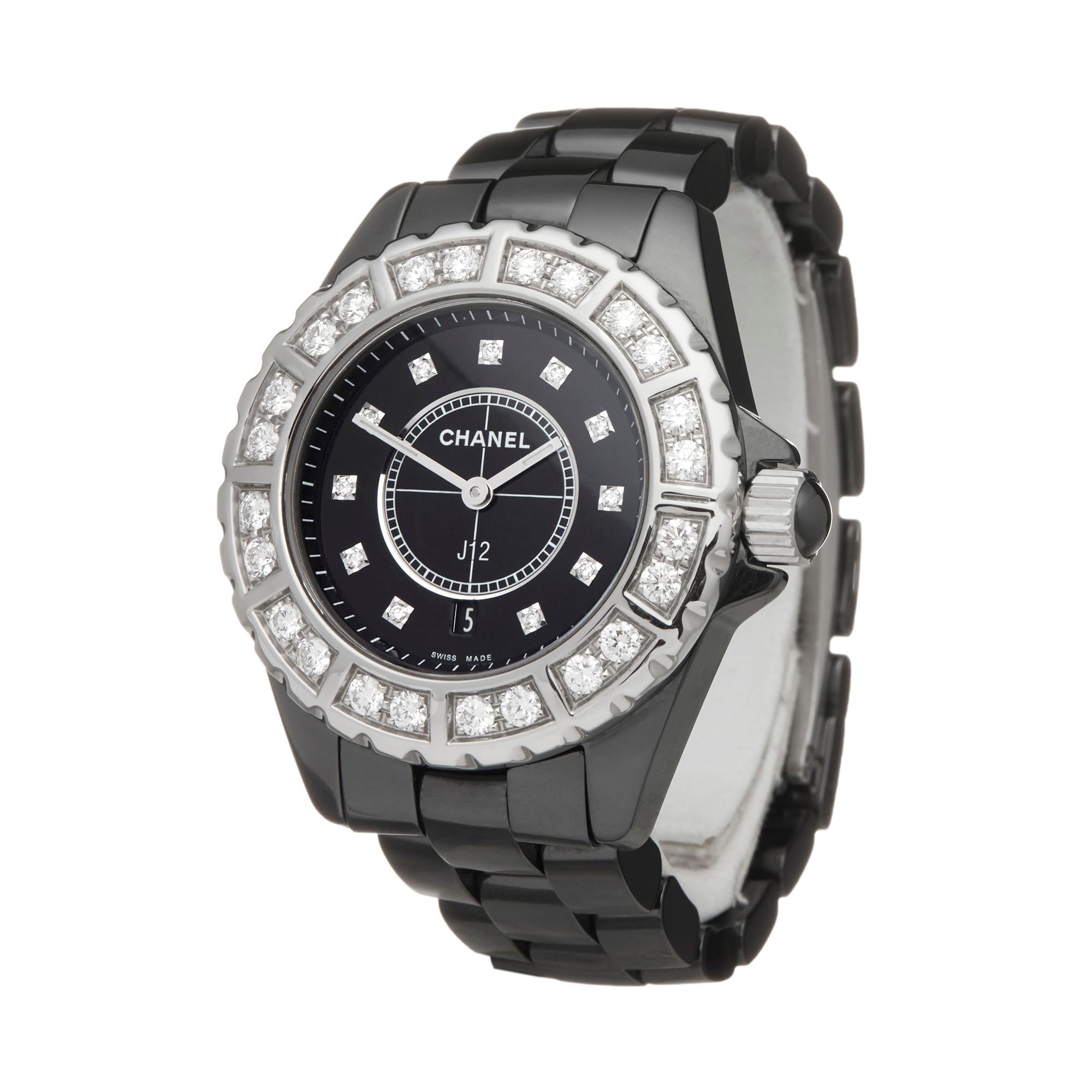 Reference: W6065
Manufacturer: Chanel
Model: J12
Model Reference: H2427
Age: Circa 2010's
Gender: Women's
Box and Papers: Box & Open Guarantee
Dial: Black Diamond
Glass: Sapphire Crystal
Movement: Quartz
Water Resistance: To Manufacturers