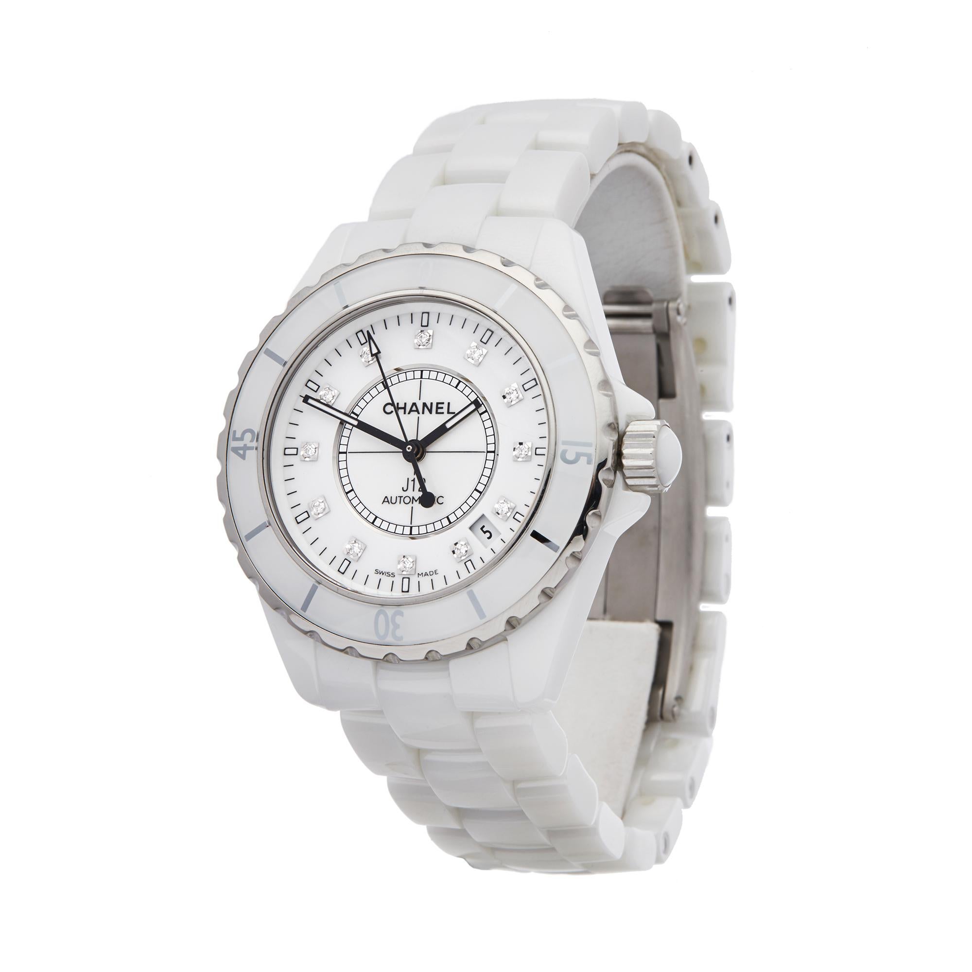 Reference: COM2025
Manufacturer: Chanel
Model: J12
Model Reference: H1629
Age: 2nd May 2007
Gender: Women's
Box and Papers: Box, Manuals and Guarantee
Dial: White Diamond
Glass: Sapphire Crystal
Movement: Automatic
Water Resistance: To Manufacturers