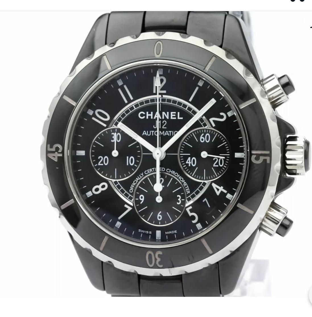 Chanel, Paris, J12 Automatic Chronograph 200M. Made circa 2010. Fine, curved, self-winding, water resistant to 200 m, stainless steel and ceramic Chronometer wristwatch with round button chronograph, resisters, date and a black ceramic Chanel link
