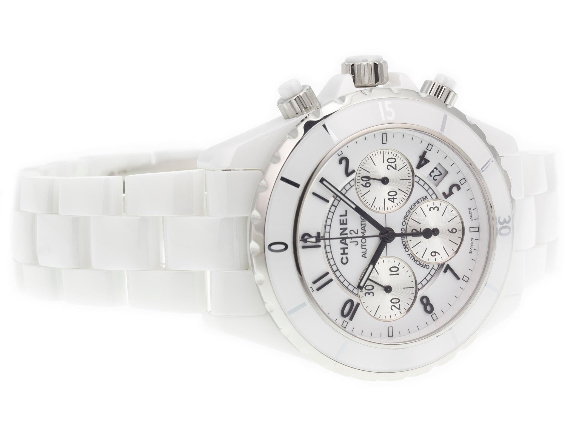 Chanel J12 Chronograph H1007  white ceramic bracelet watch, water resistance to 200m, with date, chronograph.

Watch	
Brand:	Chanel
Series:	J12 Chronograph
Model #:	H1007
Gender:	Unisex
Condition:	Excellent Display Model, Tiny Dings on Case &