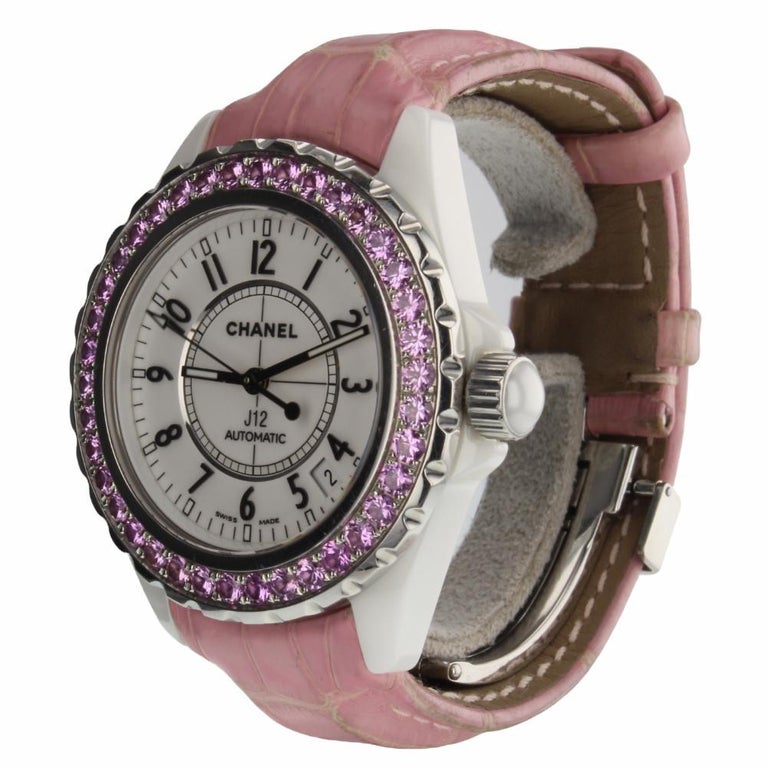 Chanel J12 Classic White Ceramic Pink Sapphire Bezel Ladies Watch H1337 Box  For Sale at 1stDibs
