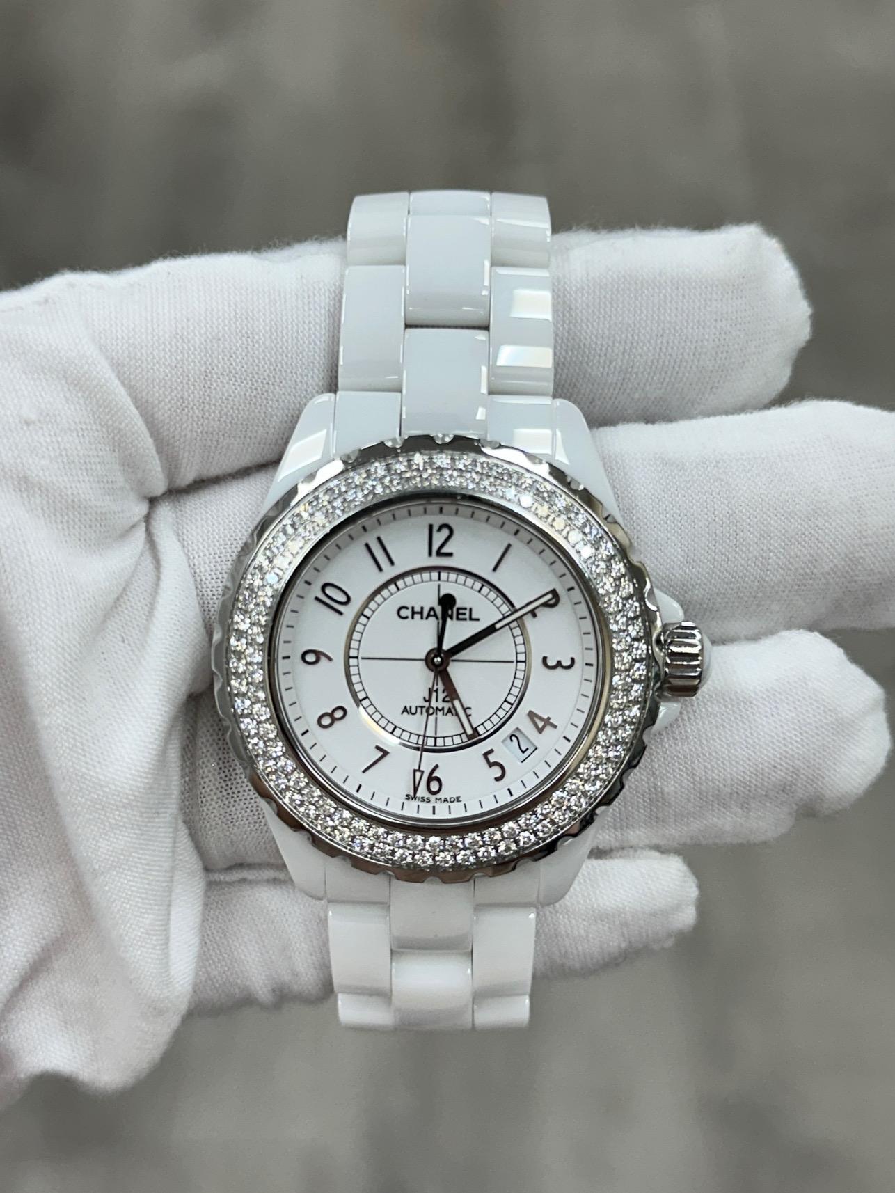CHANEL J12 Date H0969 Diamond Bezel White Ceramic 38mm Box Papers For Sale 1