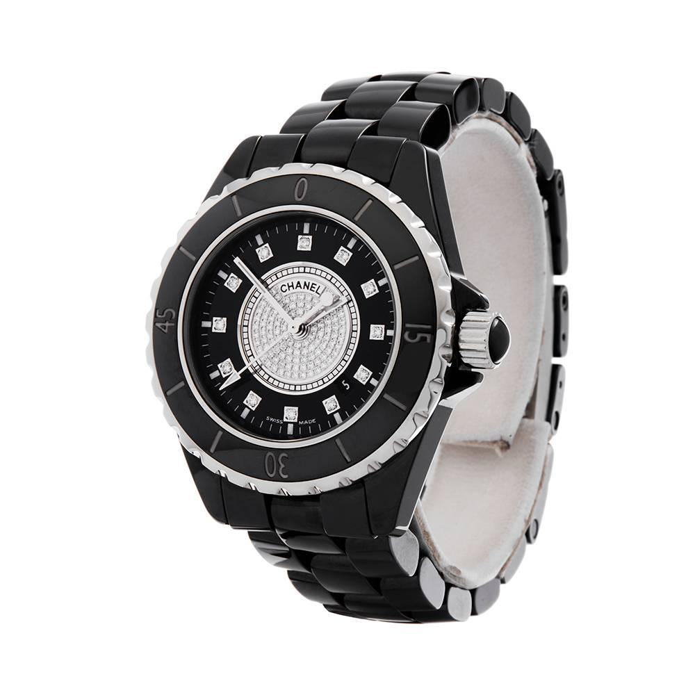 Ref: W4911
Manufacturer: Chanel
Model: J12
Model Ref: H2122
Age: 31st December 2009
Gender: Ladies
Complete With: Box, Manuals & Guarantee
Dial: Black with Diamond Pave & Markers
Glass: Sapphire Crystal
Movement: Quartz
Water Resistance: To