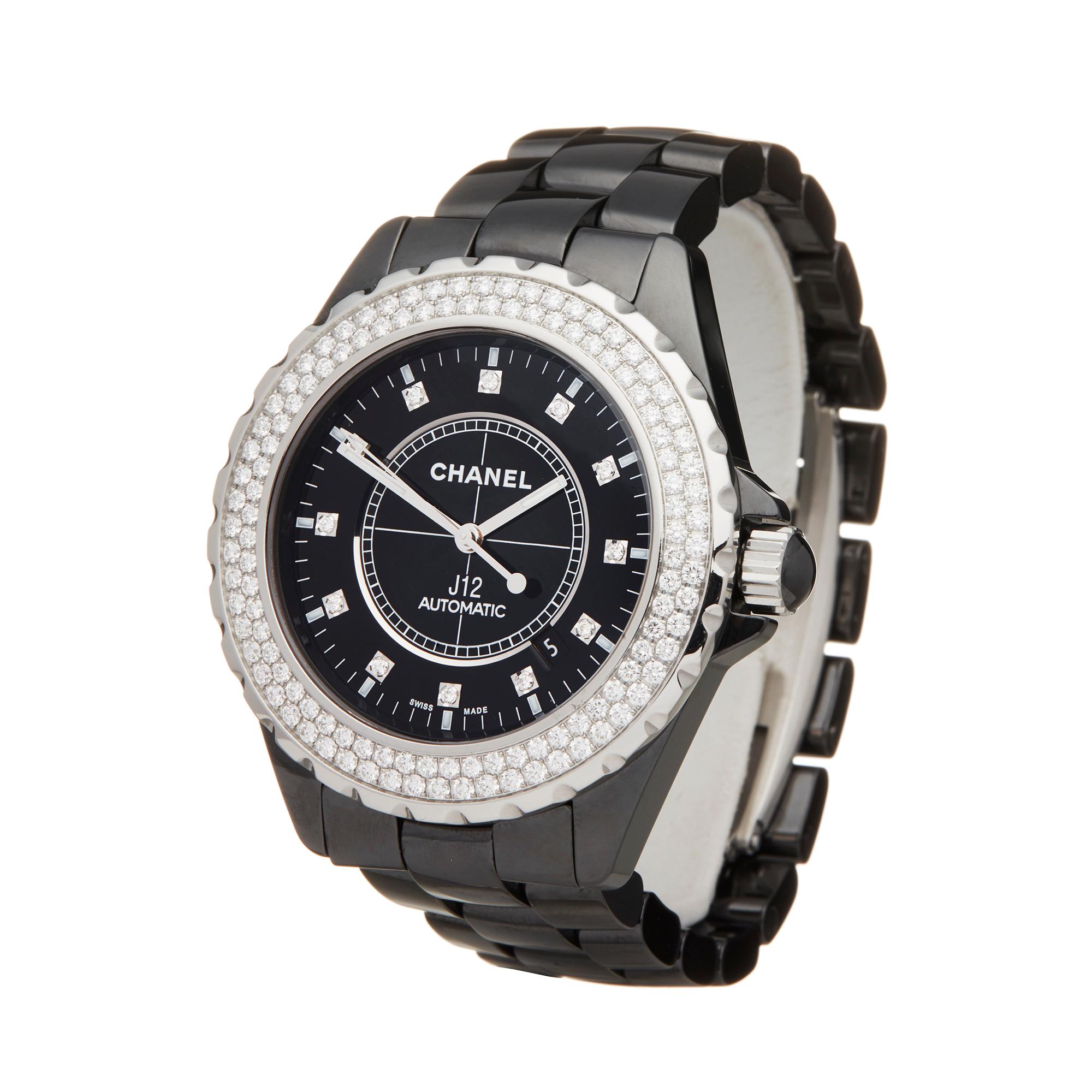 Reference: W6064
Manufacturer: Chanel
Model: J12
Model Reference: H2014
Age: Circa 2010's
Gender: Women's
Box and Papers: Box & Open Guarantee
Dial: Black Diamond
Glass: Sapphire Crystal
Movement: Automatic
Water Resistance: To Manufacturers