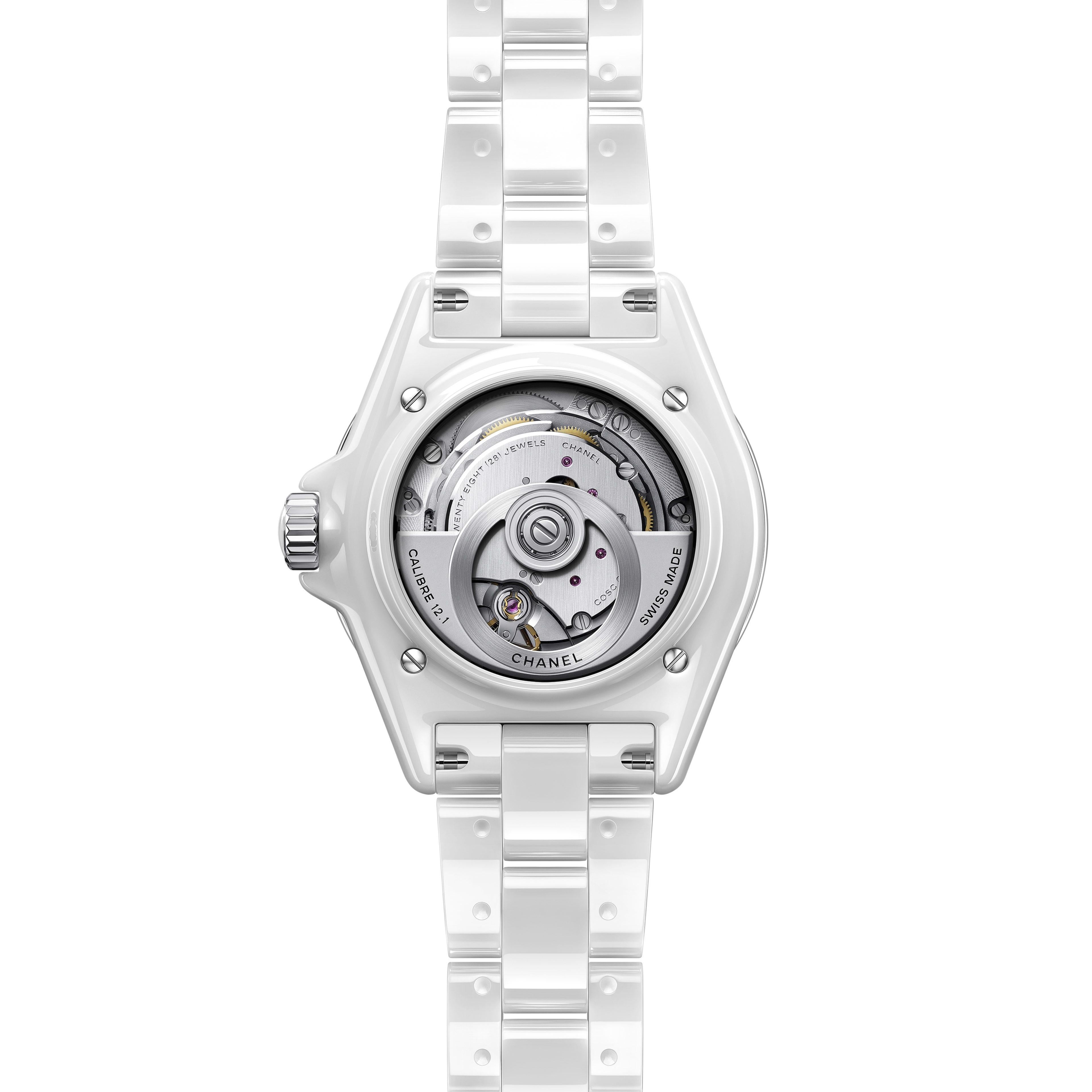 White ceramic case with a white ceramic bracelet. Uni-directional rotating stainless steel bezel with a white ceramic inlay. White dial with luminous silver-tone hands and diamond hour markers. Minute markers around the outer rim. Dial Type: Analog.