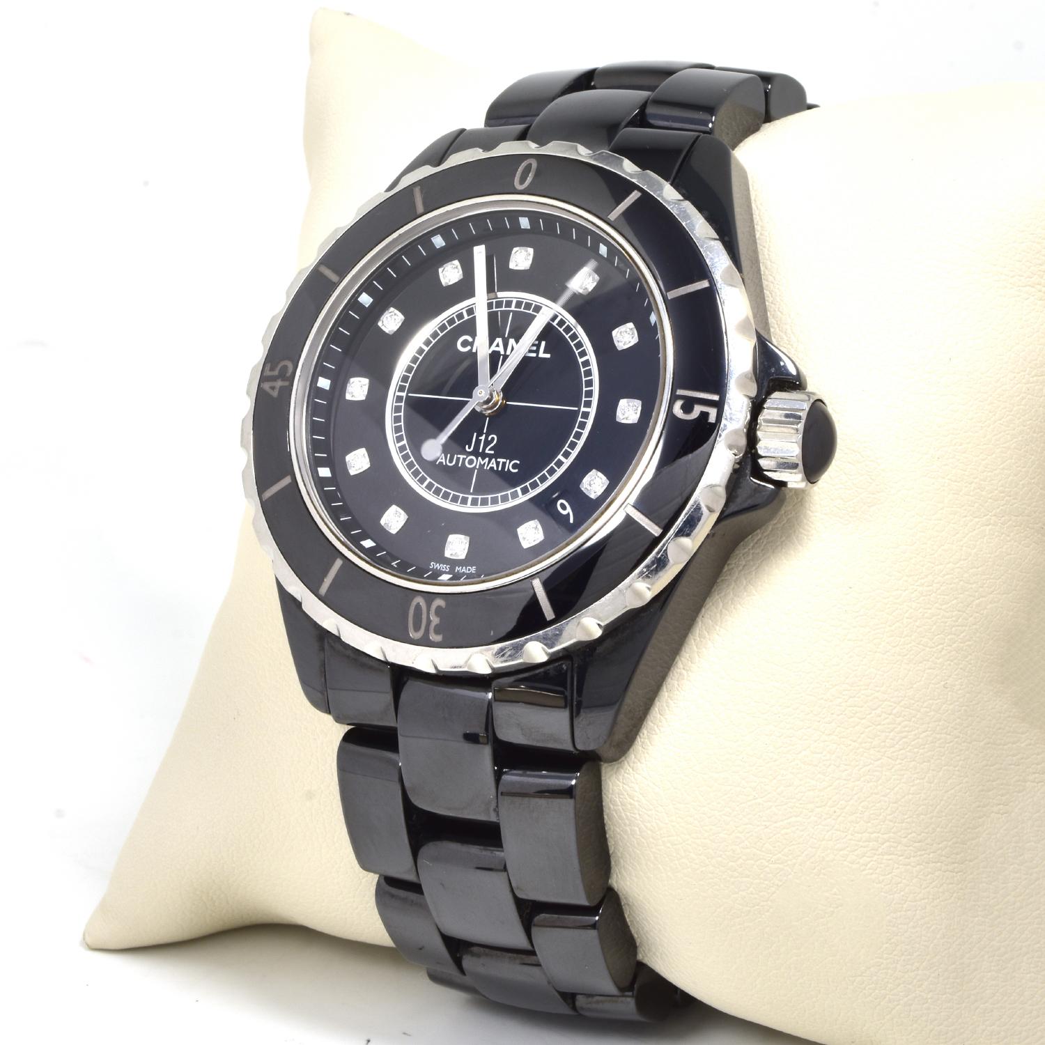 Brand: Chanel

Model: J12

Reference Number: 47032

Case Material: Black Ceramic

Dial: Diamond Hour Markers

Movement: Automatic

Weight:  135 grams

Bracelet size: 17.8 cm

Accessories:

Brilliance Jewels Two-year Warranty

Brilliance Jewels
